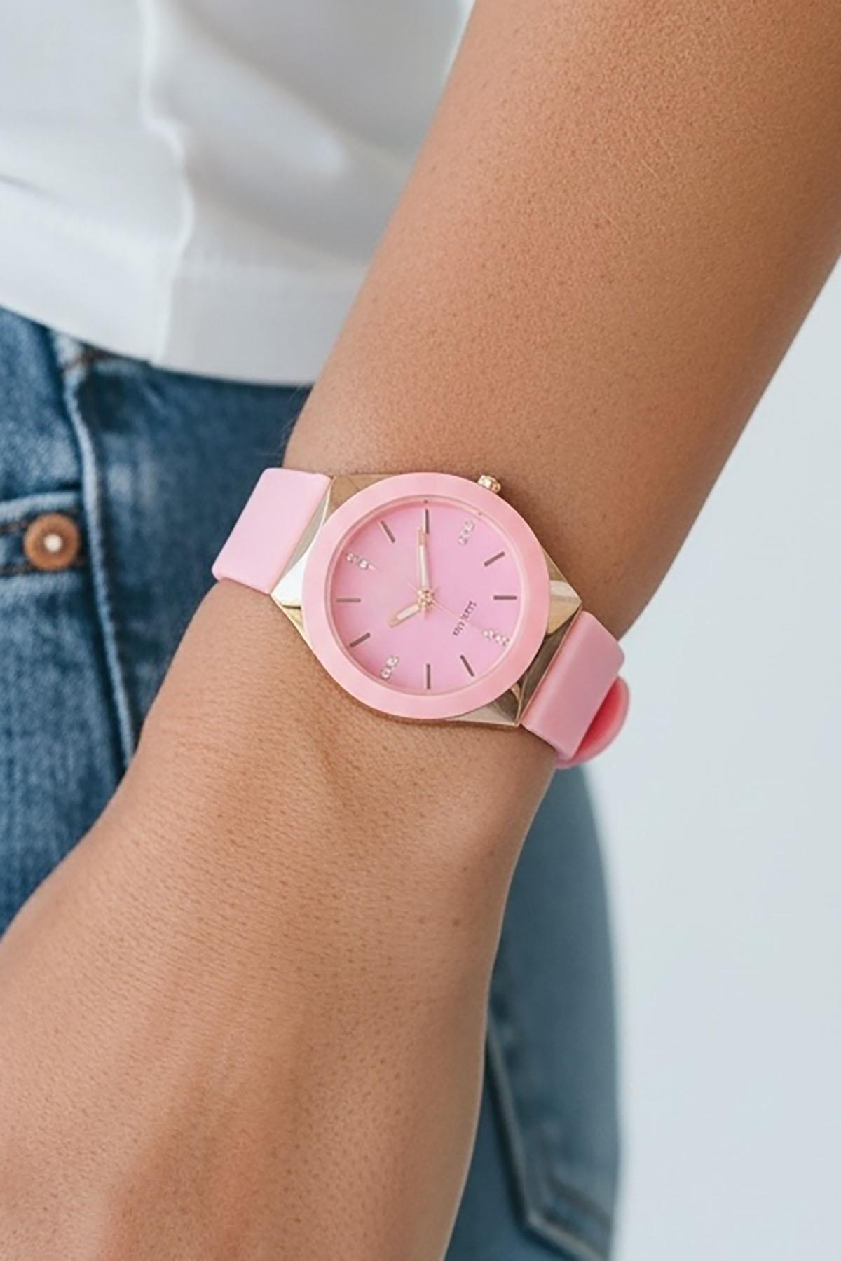 Pembe Renk Silikon Kordonlu Kadın Saat
