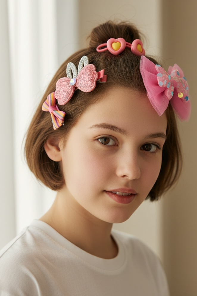 Pembe Renk Kurdele Figürlü Lastik, Yan Toka Set