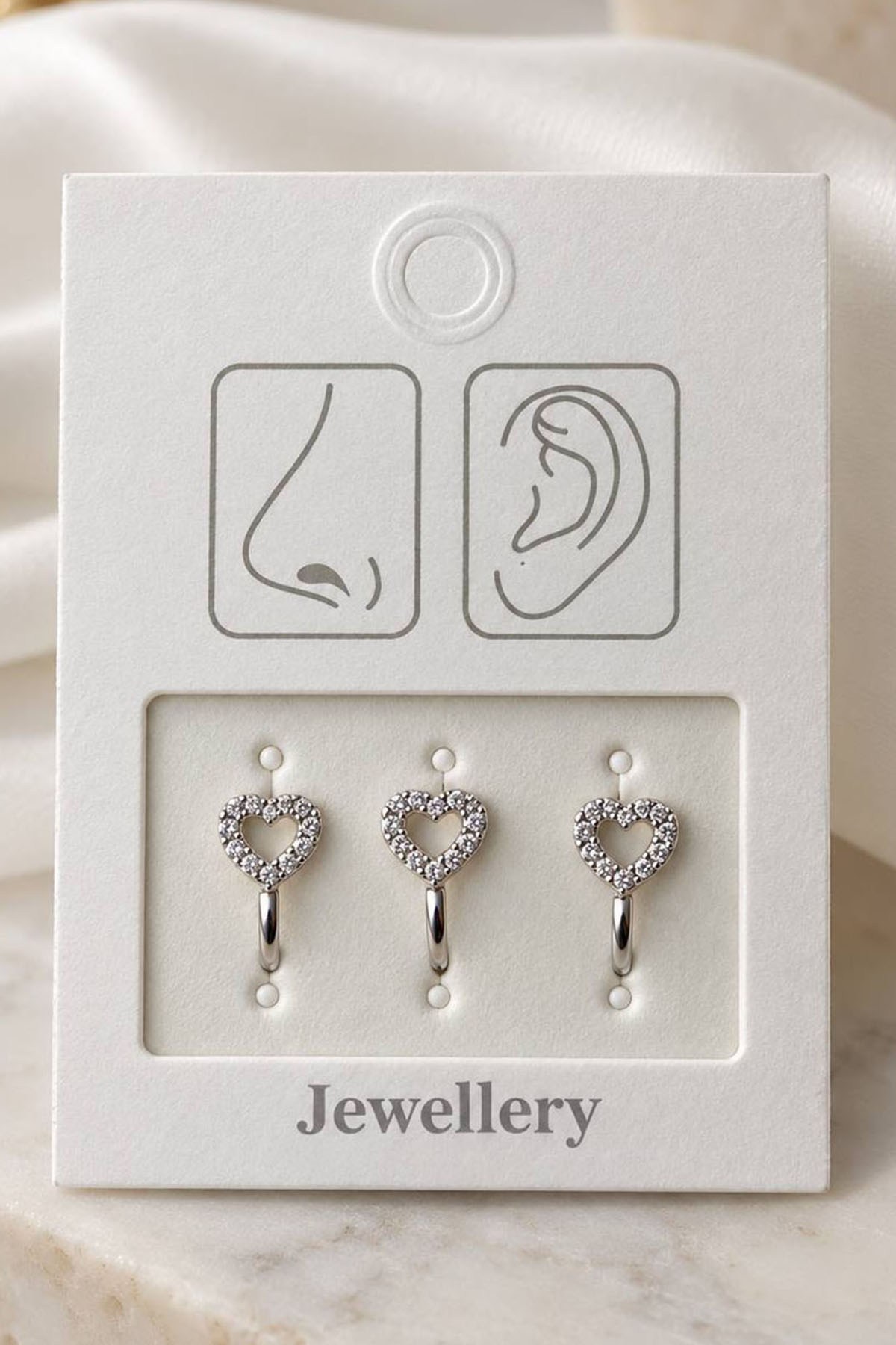 Gümüş Renk Kalp Figürlü Deliksiz Kulak/Burun 3lü Piercing Set