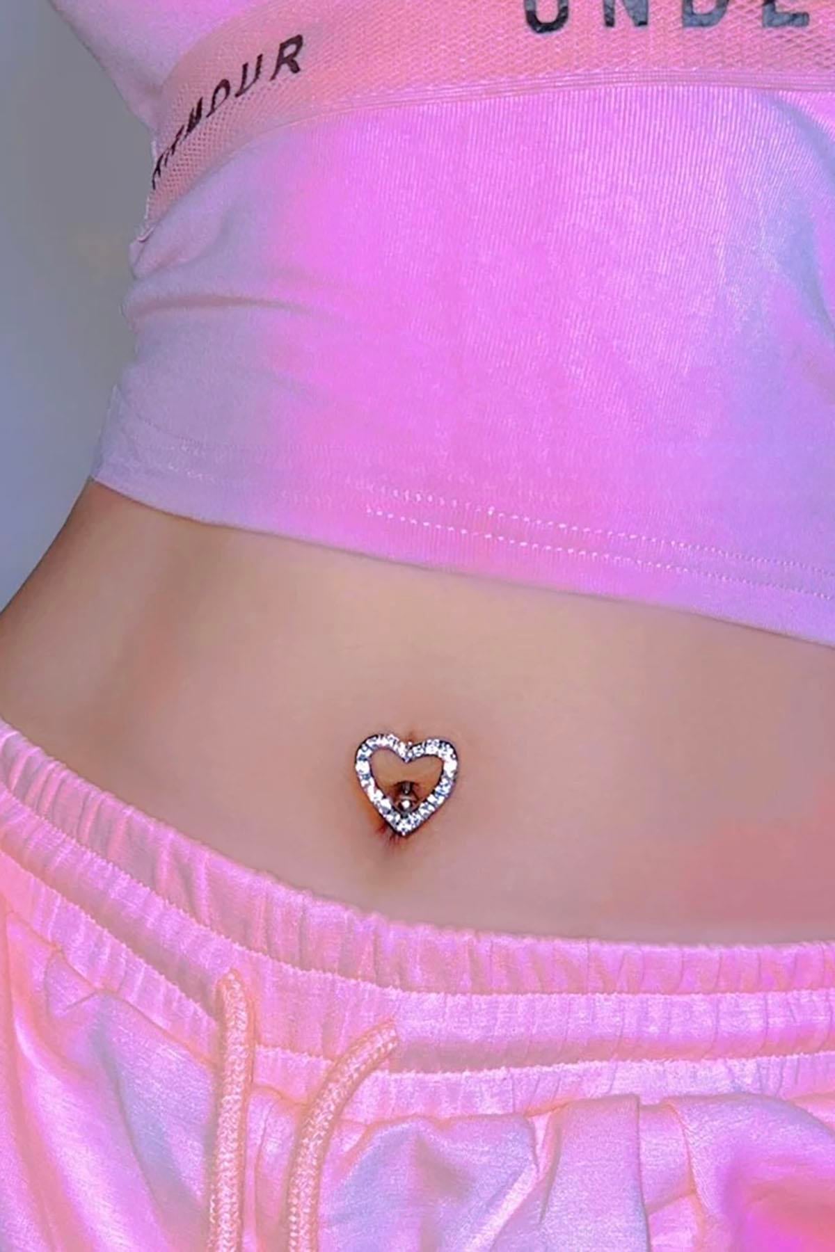 Gümüş Renk Kalp Figürlü Cerrahi Çelik Göbek Piercing