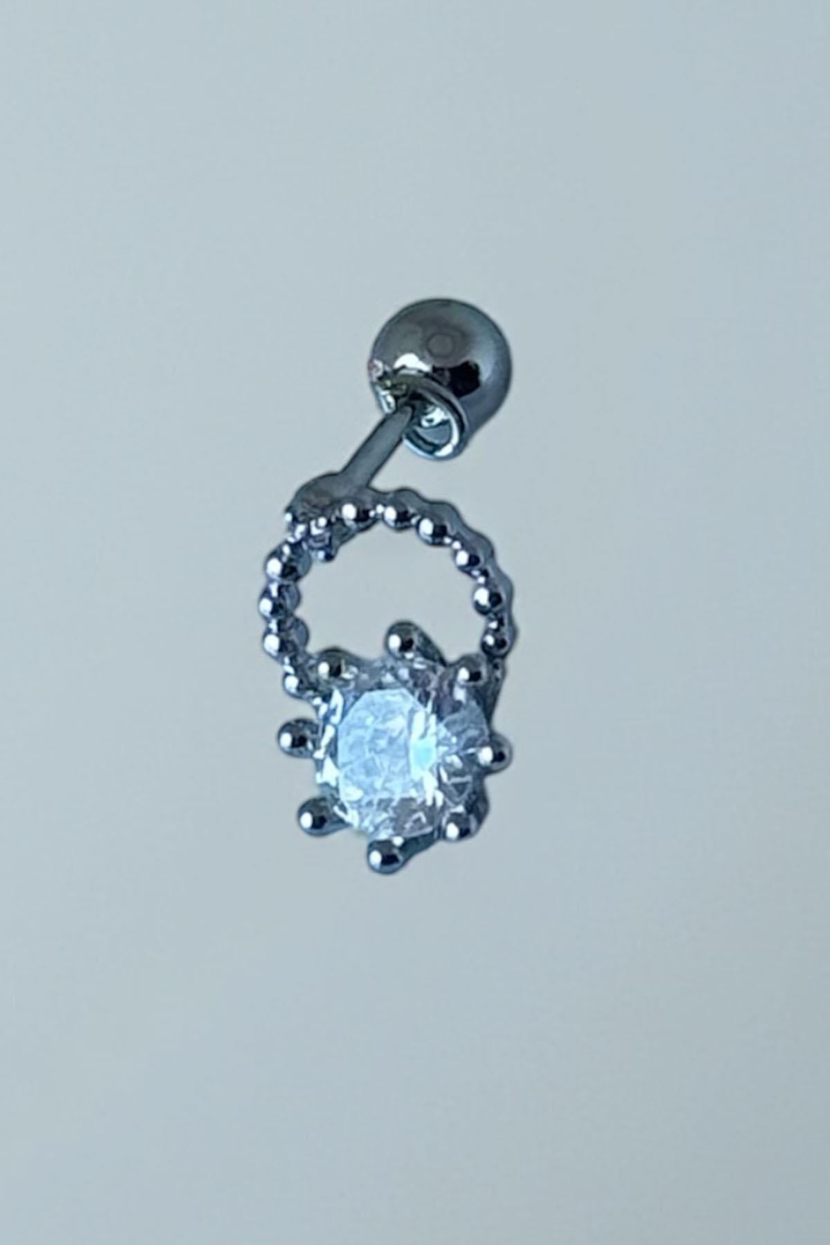 Gümüş Renk Taş Detaylı Çelik Tragus/Kıkırdak Küpe/Piercing (Tek)