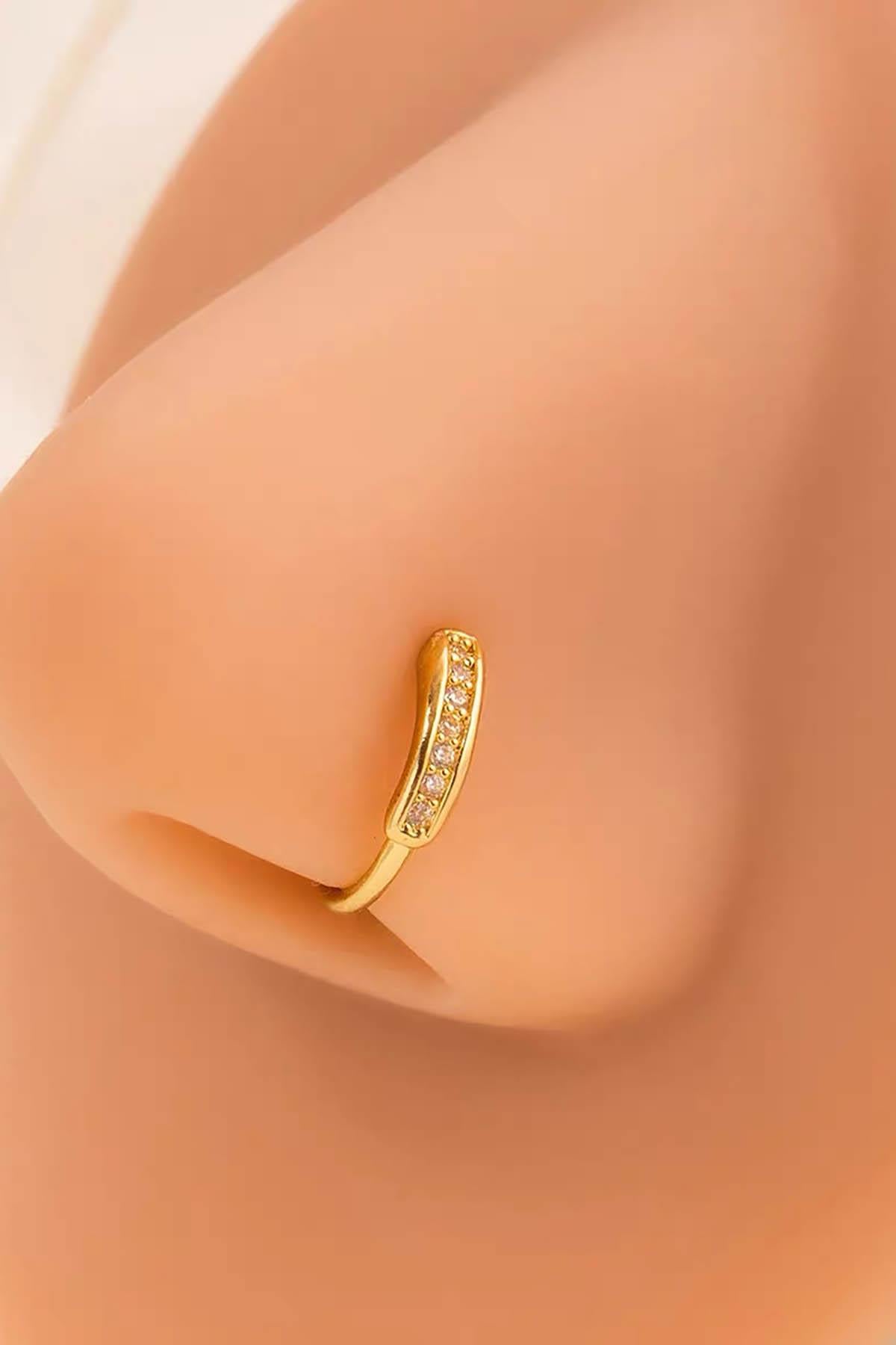 Altın Renk Taş Detaylı Deliksiz Burun TX Piercing/Ear Cuff (Tek)