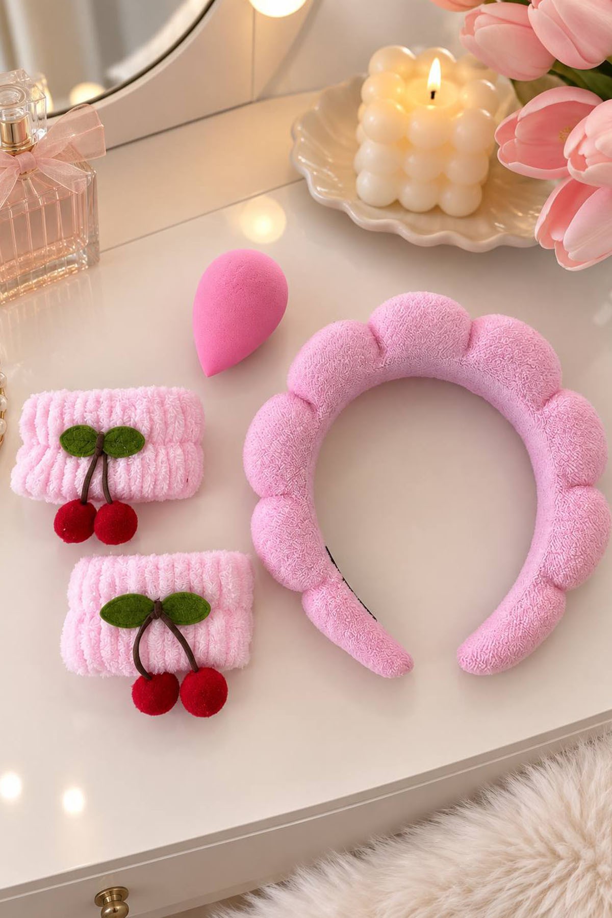 Pembe Renk Spa Saç Bandı/Peluş Su Emici Havlu Bileklik  Ve Sünger Set