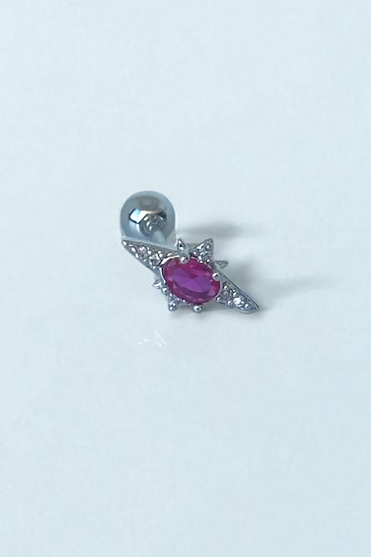 Gümüş Renk Taş Detaylı Çelik Tragus/Kıkırdak Küpe/Piercing (Tek)
