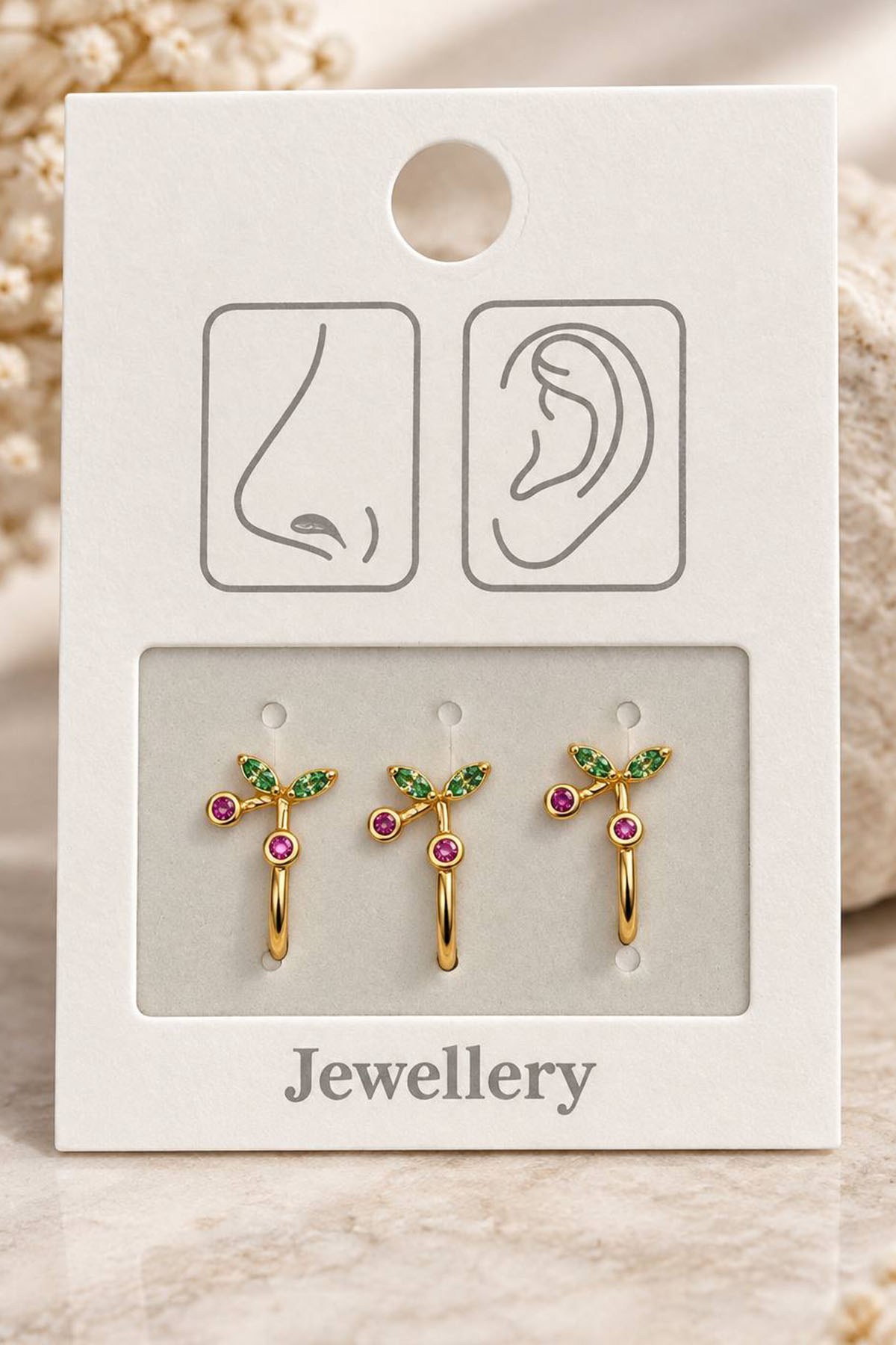 Altın Renk Kiraz Figürlü Deliksiz Kulak/Burun 3lü Piercing Set