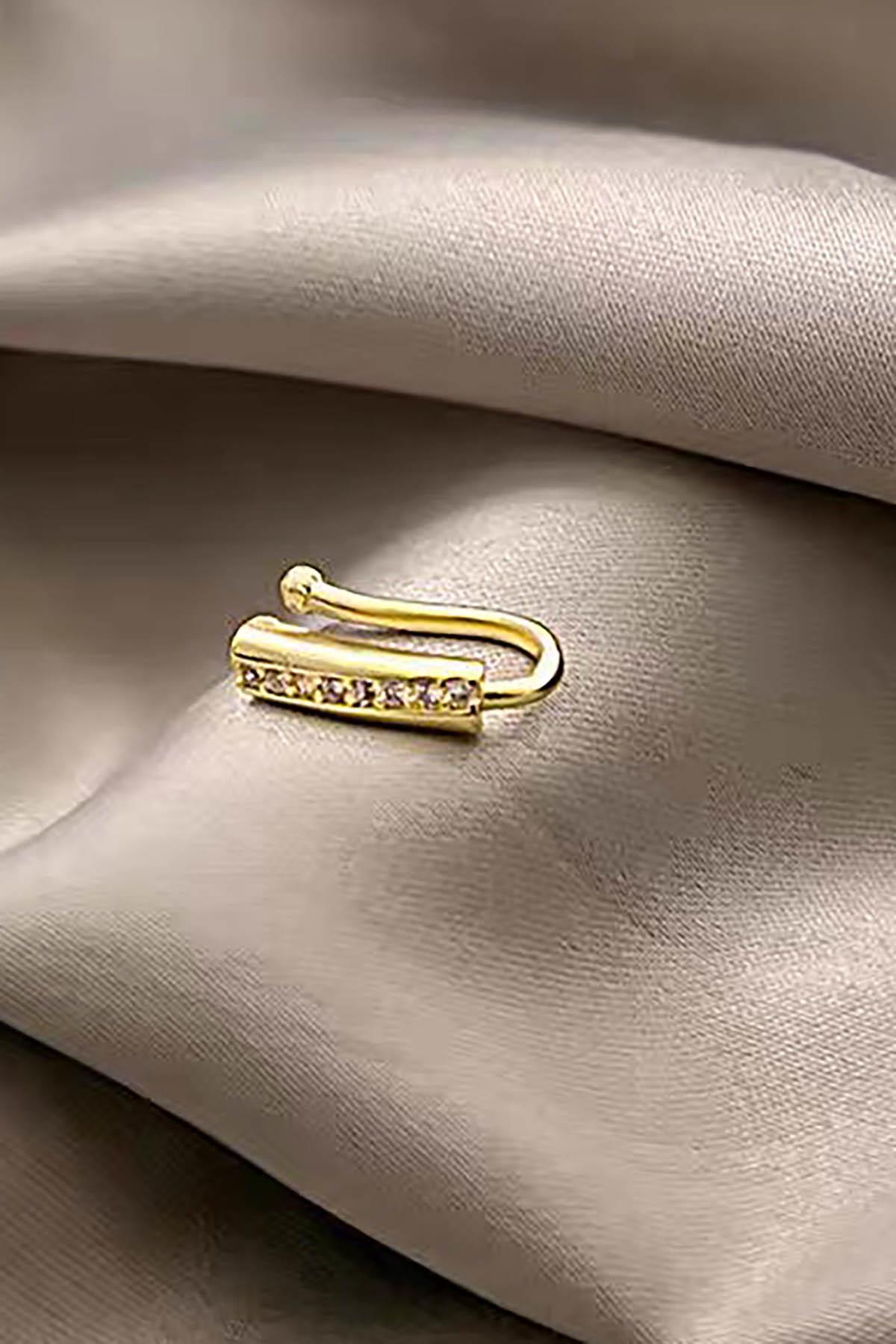 Altın Renk Taş Detaylı Deliksiz Burun TX Piercing/Ear Cuff (Tek)