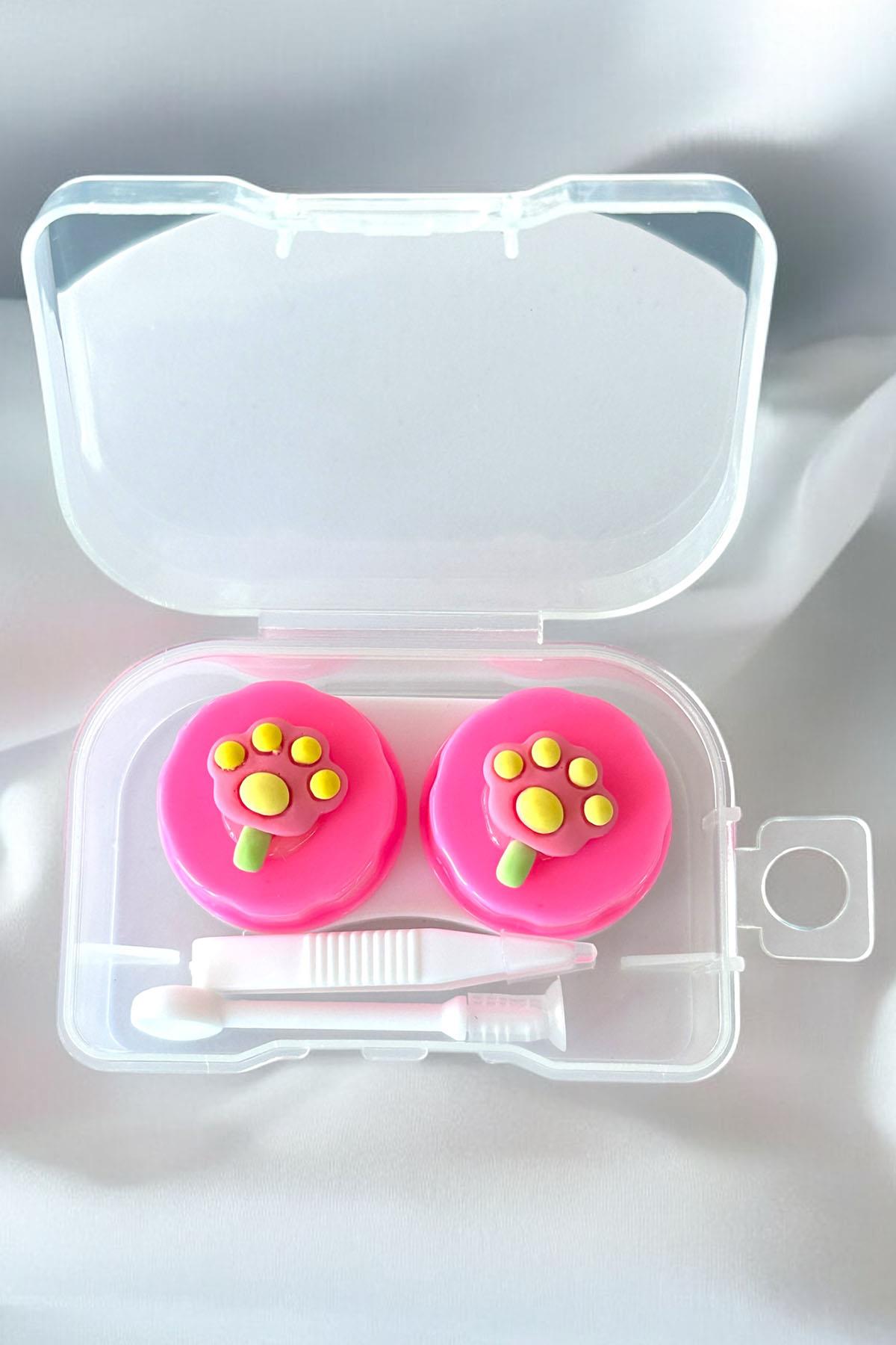 Beyaz Renk Fuşya Pati Figürlü Lens Saklama Kutusu