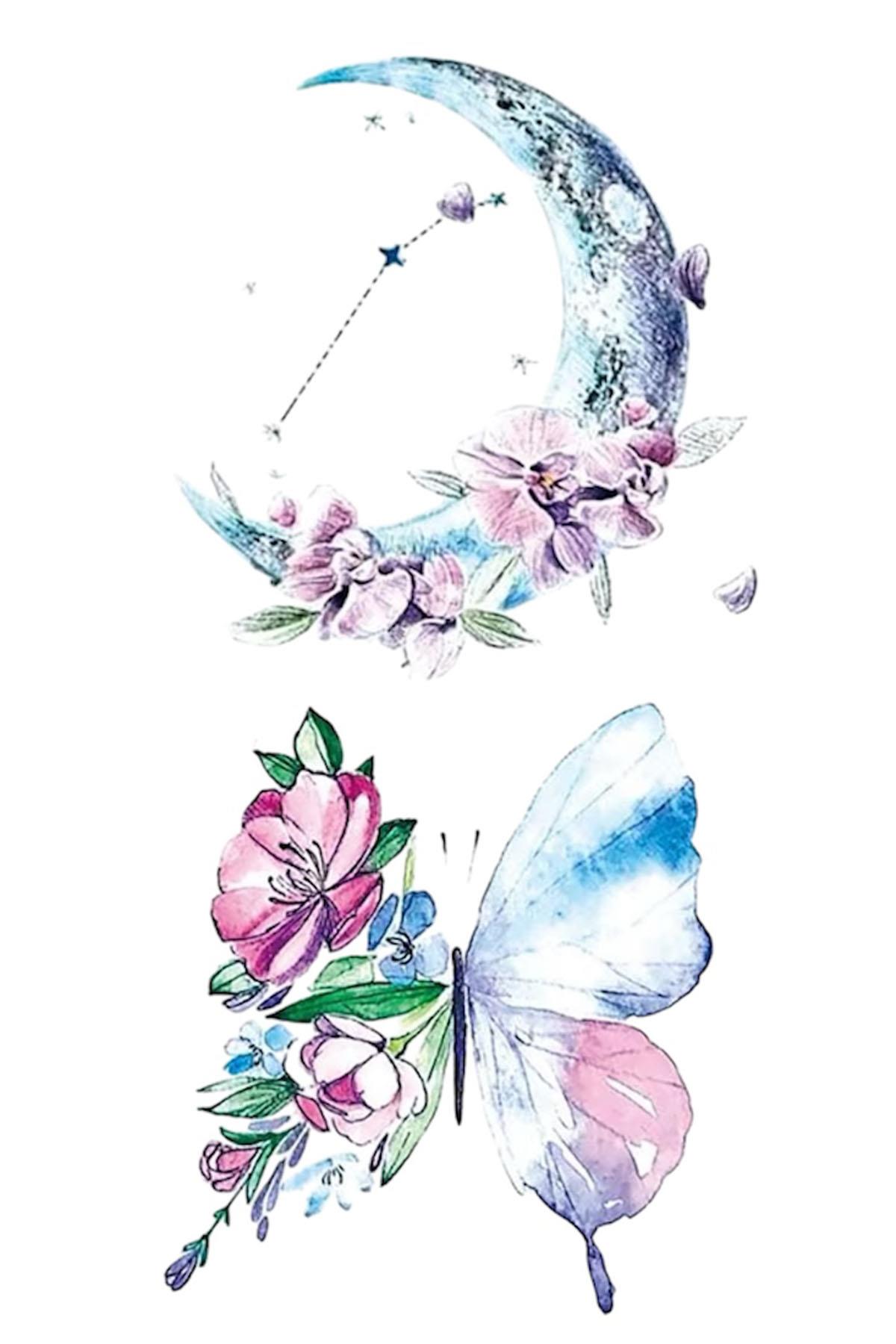 Geçici Ay Ve Kelebek Figürlü Mini Dövme Tattoo