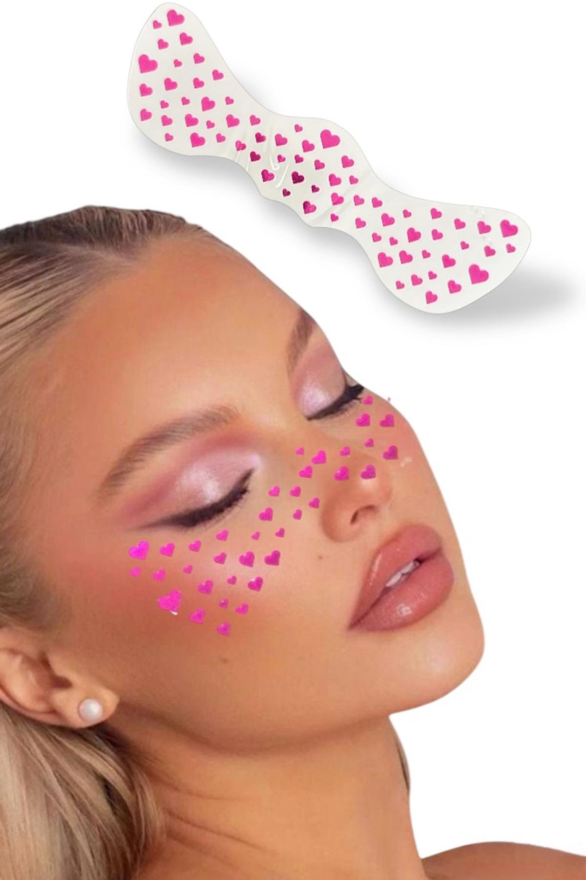 Geçici Pembe Kalp Çil Makyaj Bandı Glitter Parıltılı Simli Bant / Tattoo 