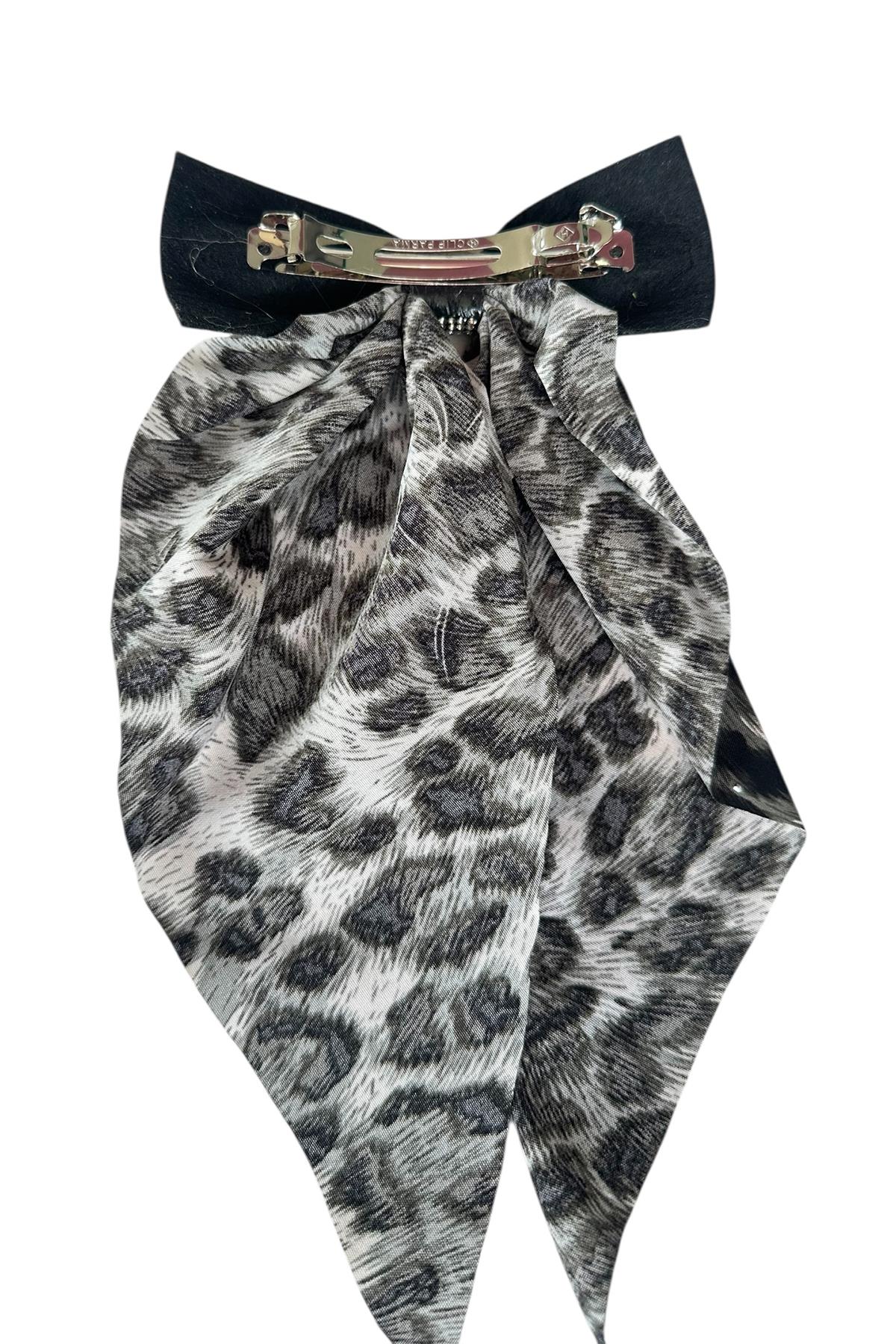 Gri Renk Leopar Desenli Taş Detaylı Otomat Toka