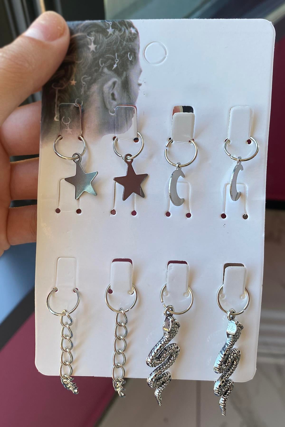 Gümüş Renk 8li Renkli Yılan Ve Ay,Yıldız Figürlü Saç Küpesi