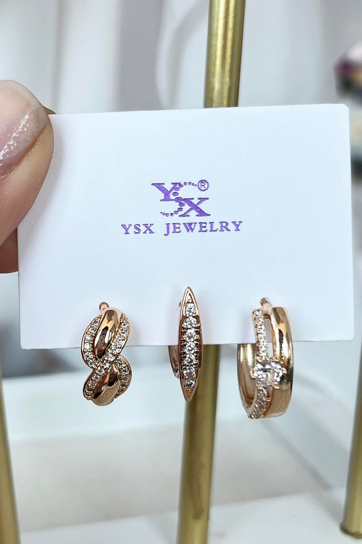 Altın Renk Detaylı VİP 3lü YSX Küpe Set 