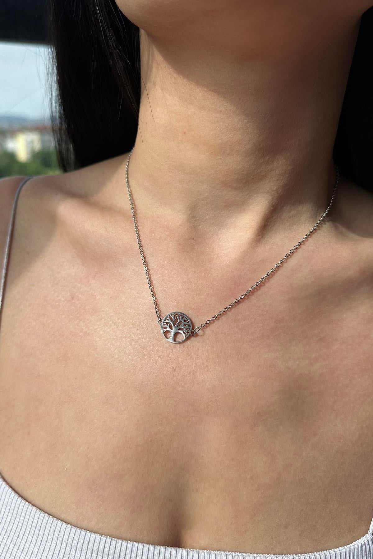 Gümüş Renk Hayat Ağacı Figürlü Çelik Kolye