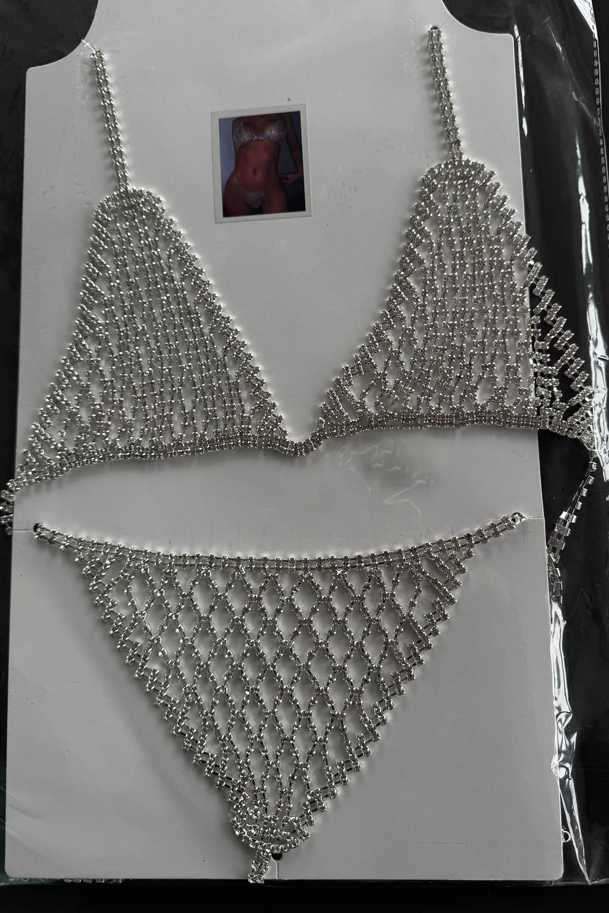 Gümüş Renk Kadın Taşlı Sütyen ve Tanga Takım Kostüm/ İç Giyim/ Vücut Aksesuarı Set