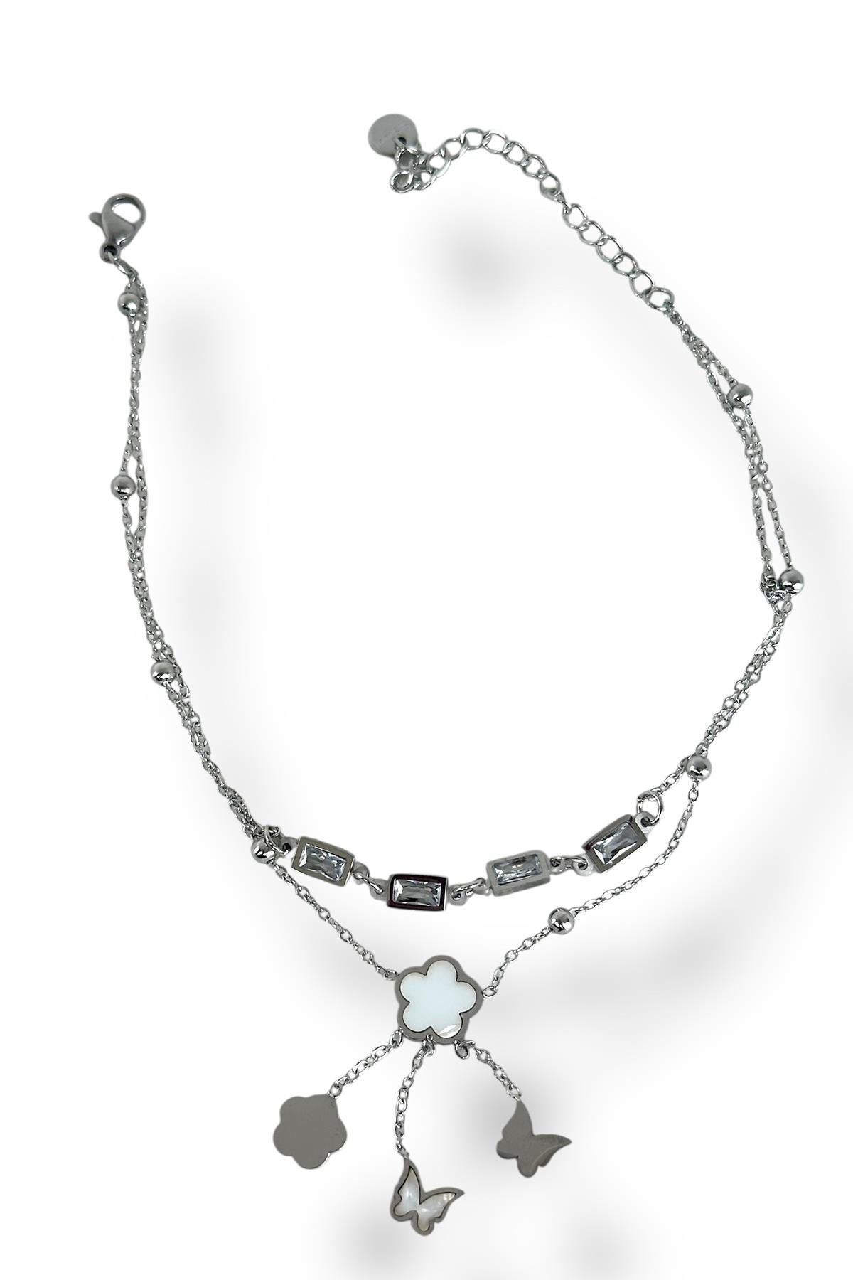 Gümüş Renk Karışık Figürlü Taş Detaylı Çelik Halhal