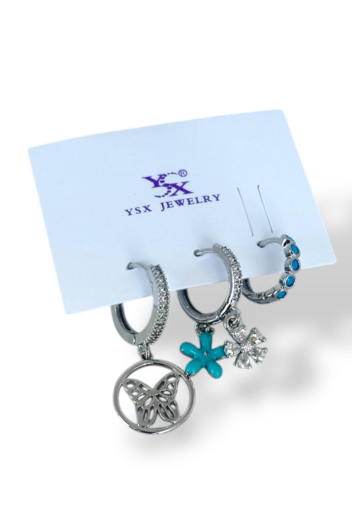 Gümüş Renk Kelebek Figürlü Taş Detaylı VİP 3lü YSX Küpe Set 