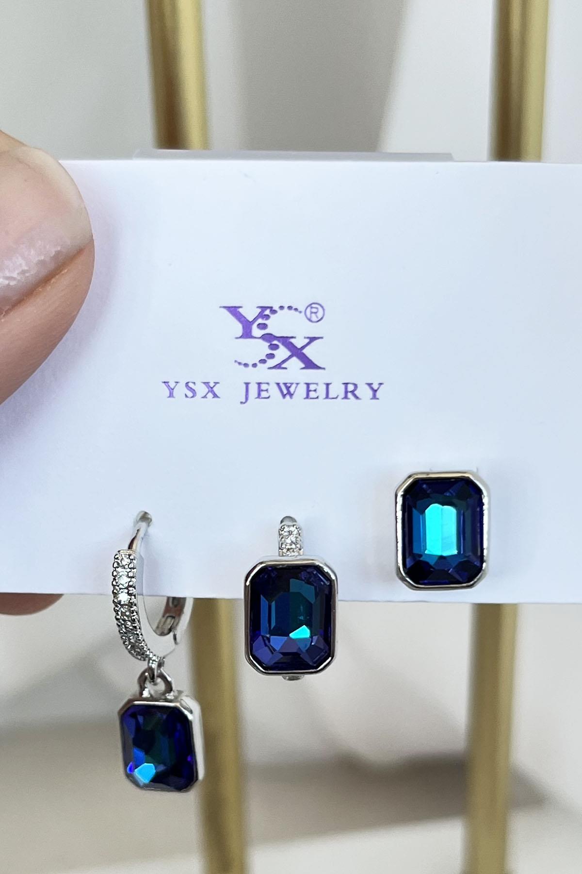 Gümüş Renk Mavi Taş Detaylı VİP 3lü YSX Küpe Set 