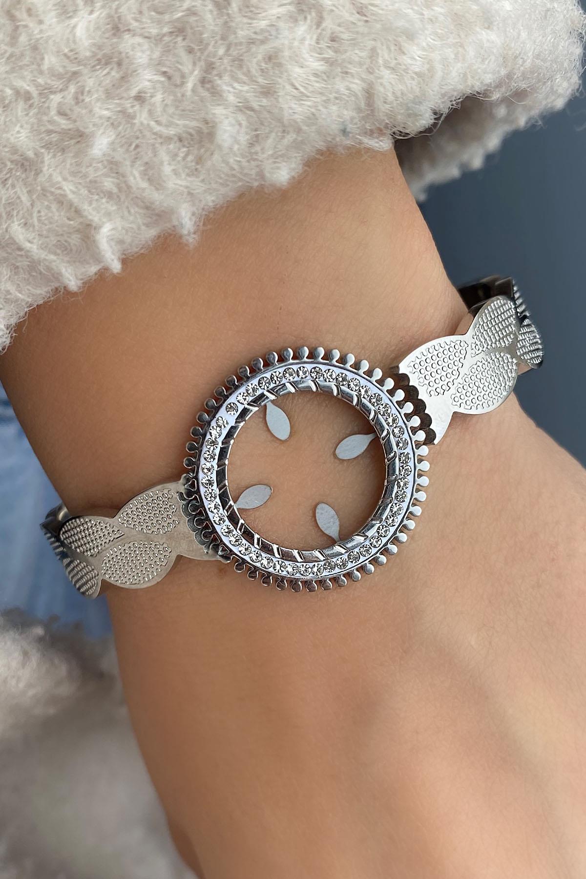 Gümüş Renk Nazar Boncuk Figürlü Çelik Kelepçe