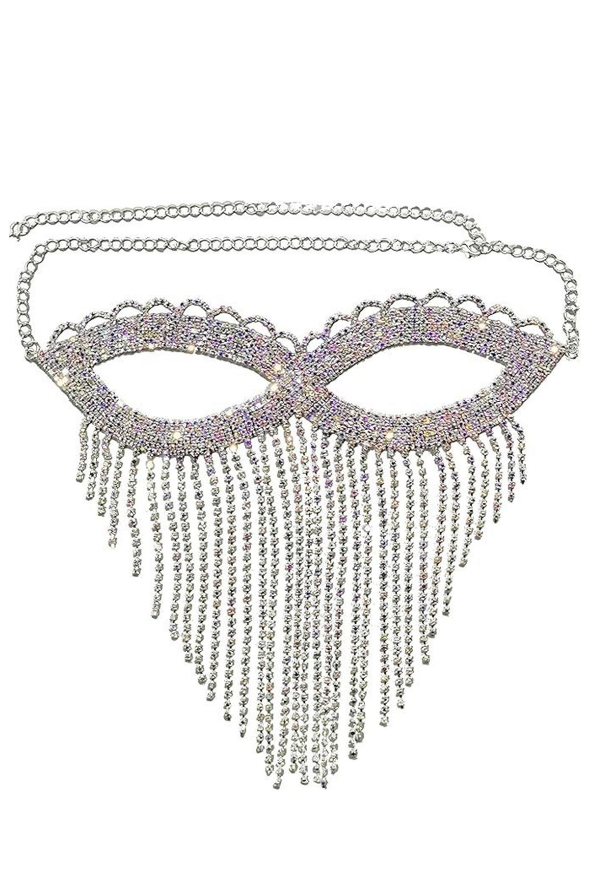 Gümüş Renk Taş Detaylı Parti Maskesi