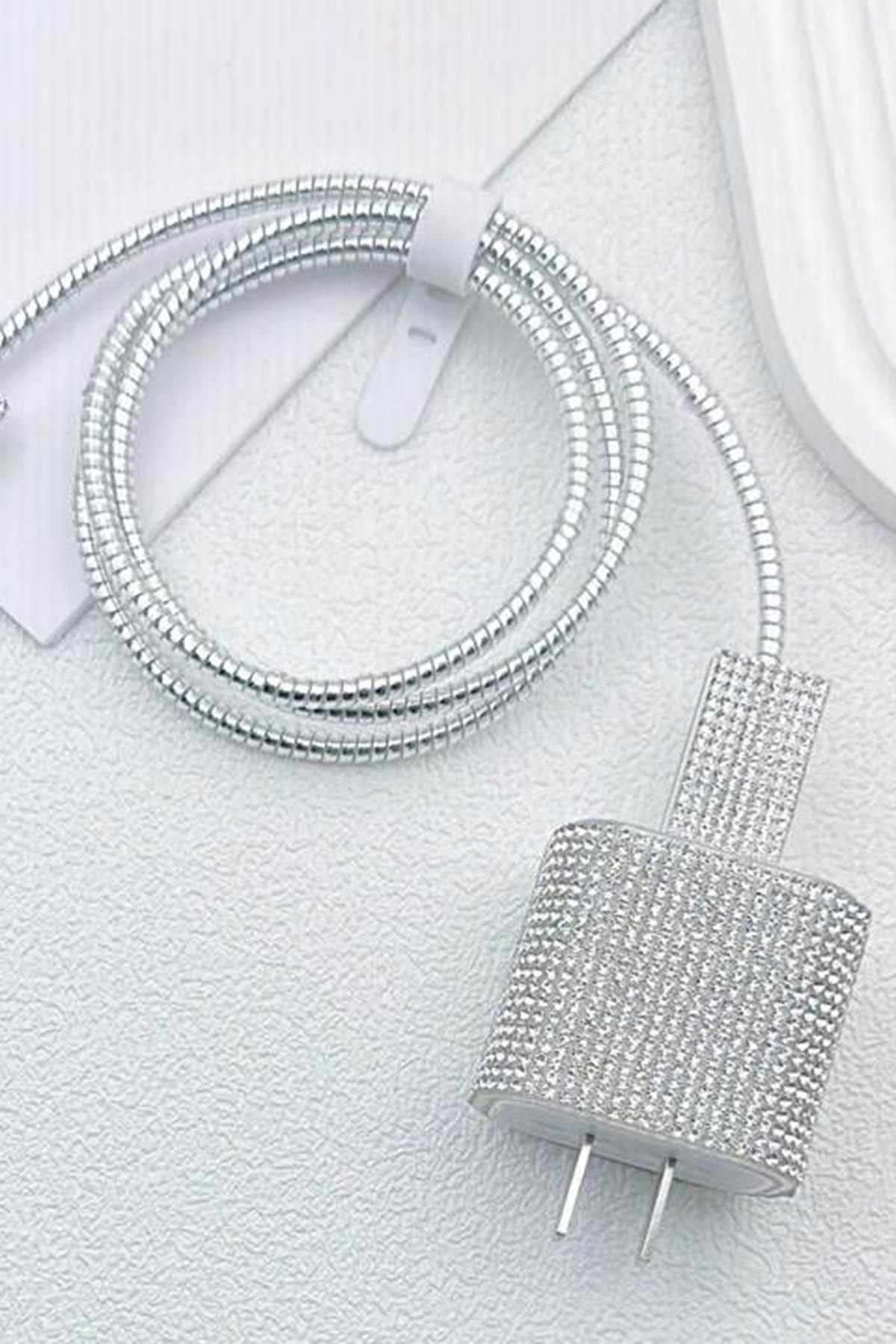 Gümüş Renk Taş Detaylı Şarj Kablosu/ Adaptör Koruyucu Kılıf