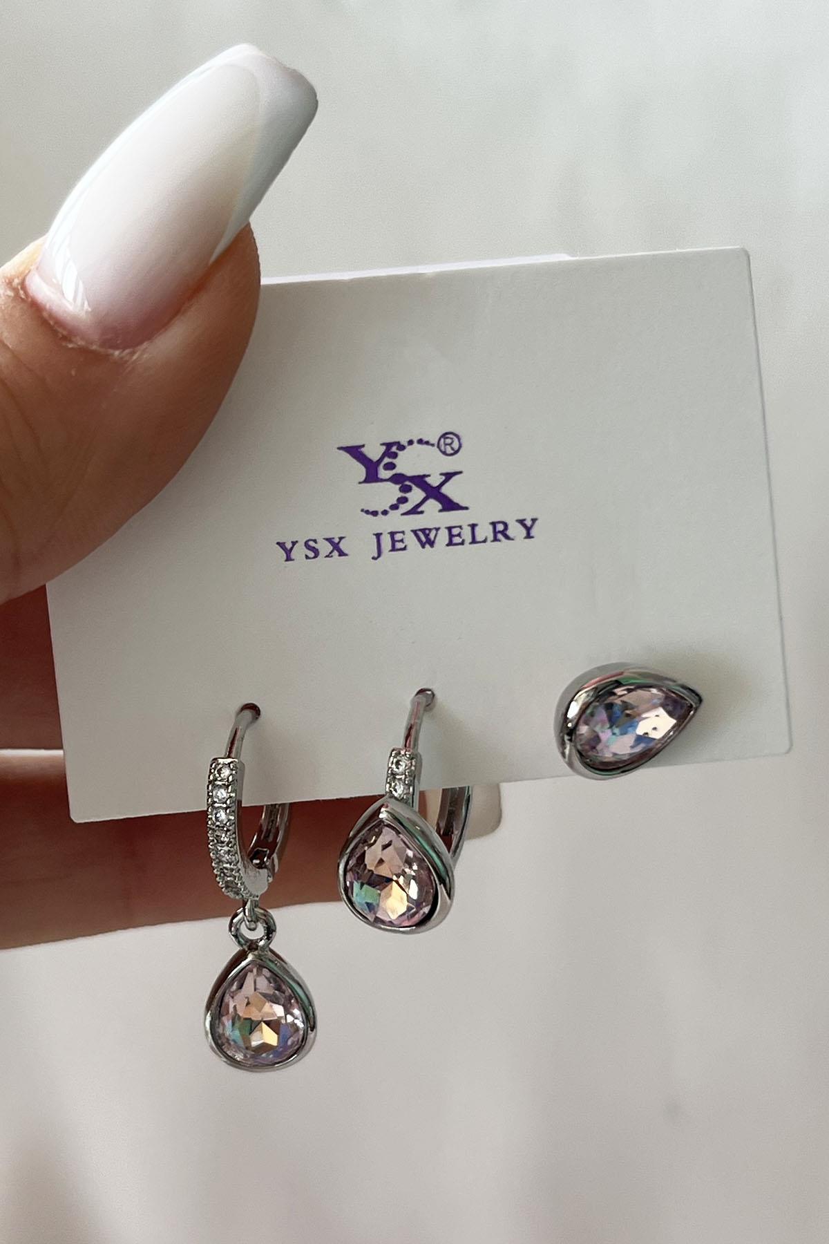 Gümüş Renk Taş Detaylı VİP 3lü YSX Küpe Set 