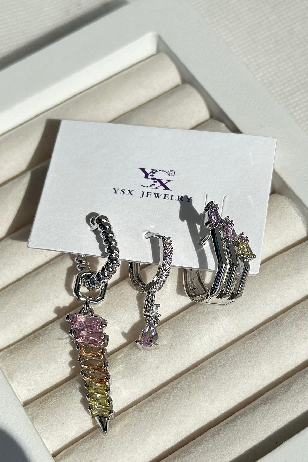 Gümüş Renk Taş Detaylı VİP 3lü YSX Küpe Set 