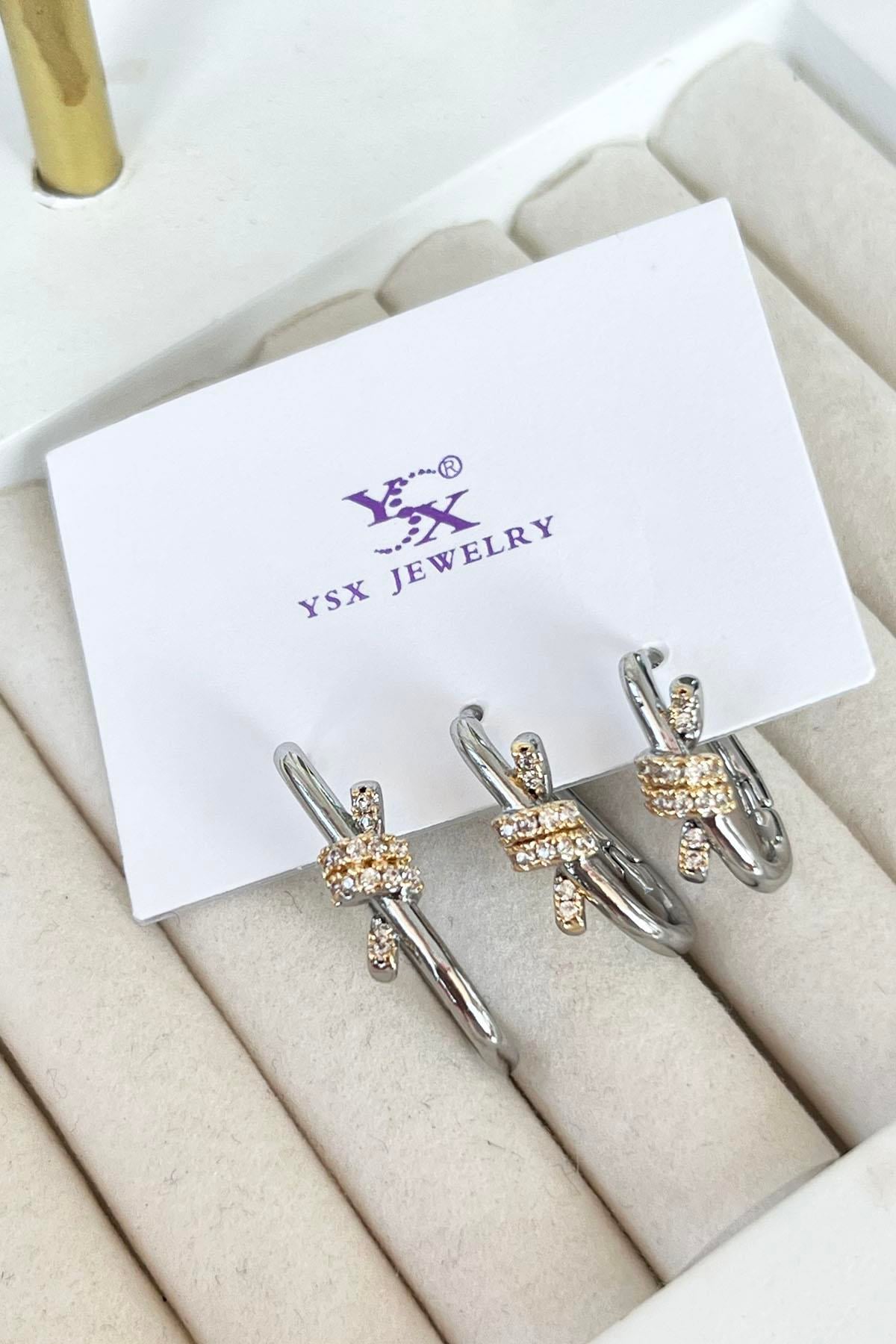 Gümüş Renk Taş Detaylı VİP 3lü YSX Küpe Set 