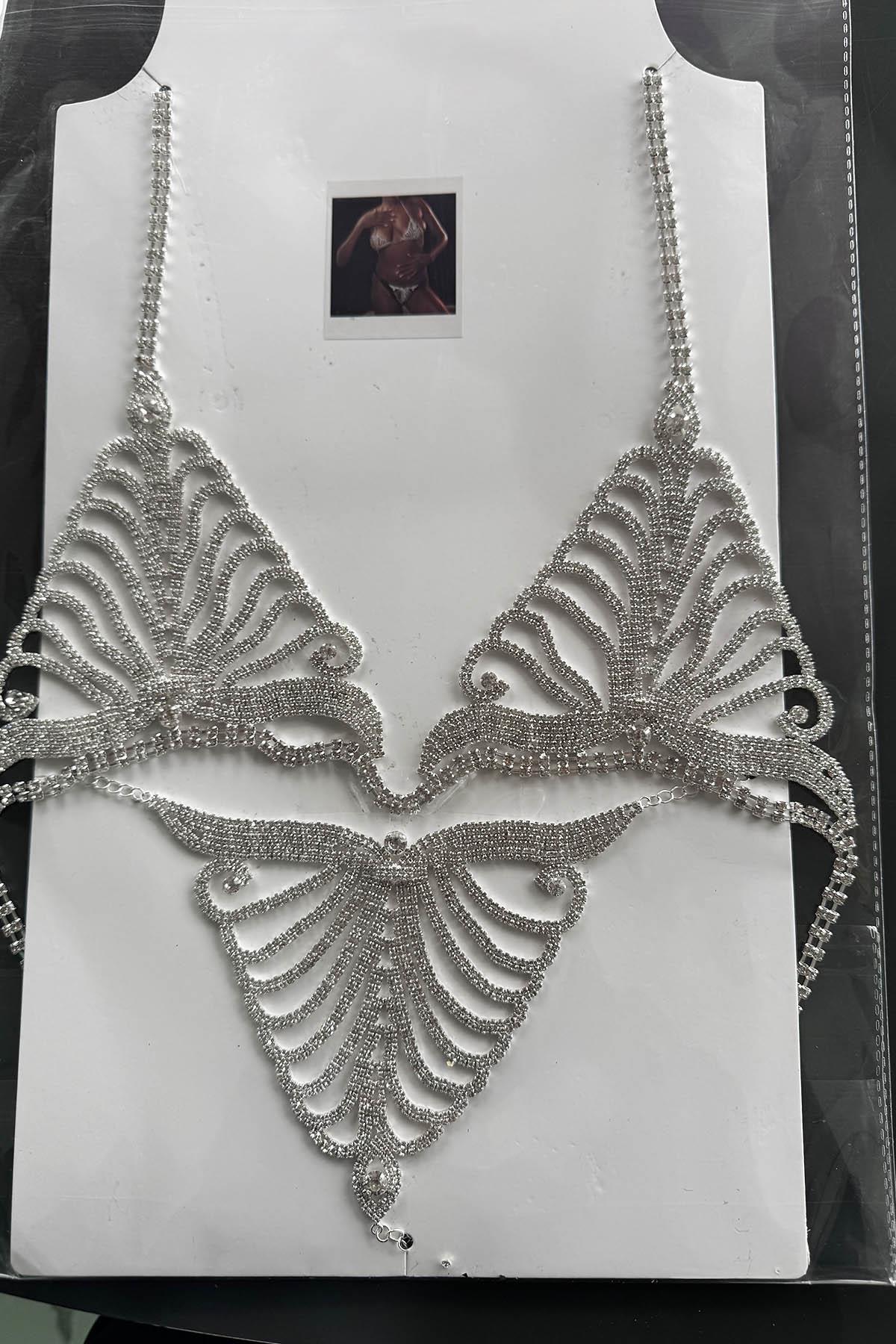 Gümüş Renk Taşlı Sütyen ve Tanga Takım Kostüm/ İç Giyim/ Vücut Aksesuarı Set