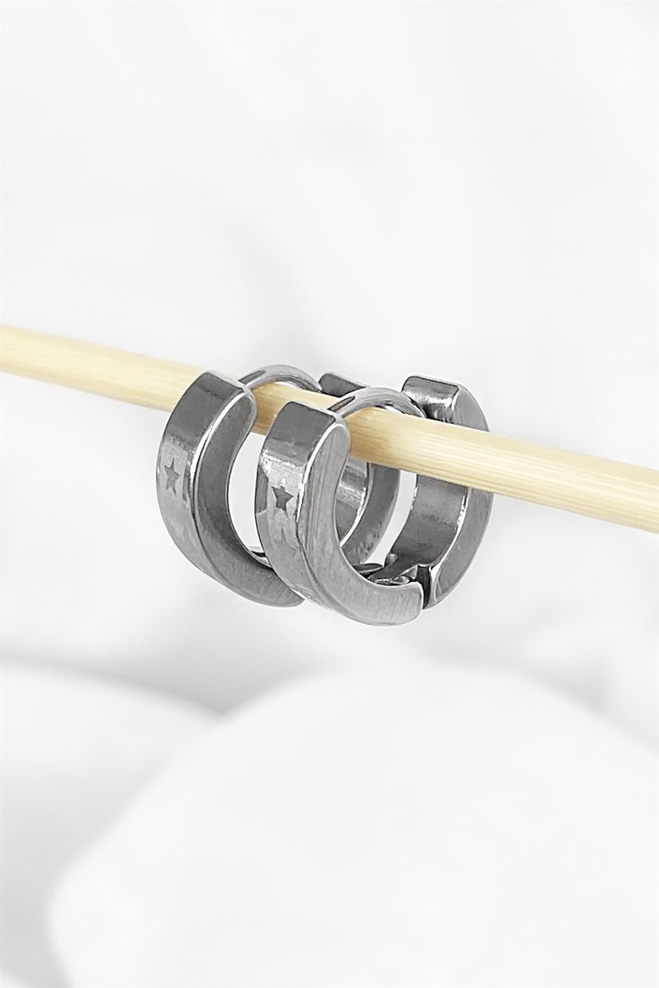 Silver Color Star Patterned Unisex Ring Earrings (Double)