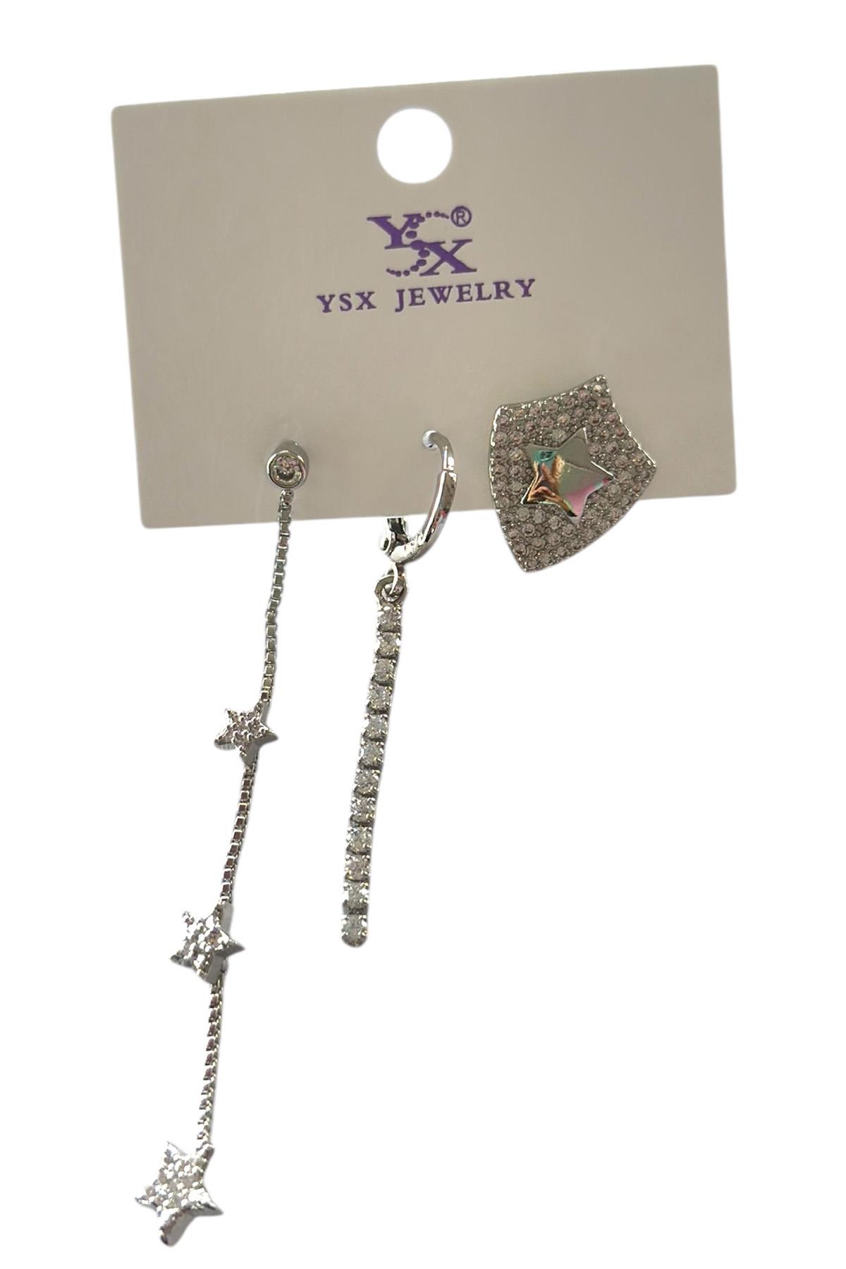 Gümüş Renk Yıldız Figürlü Taş Detaylı VİP 3lü YSX Küpe Set 
