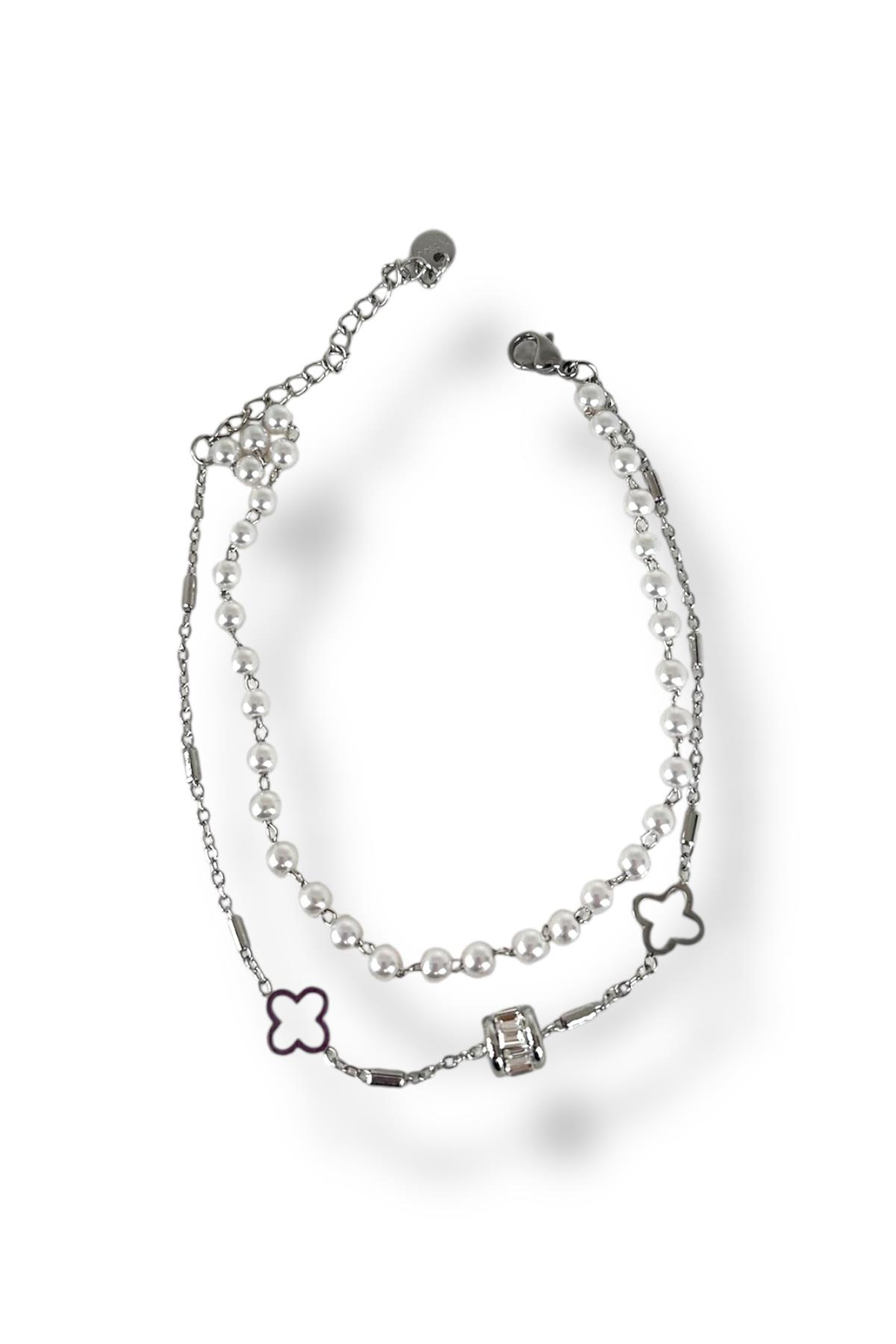 Gümüş Renk Yonca Figürlü İnci Detaylı Çelik Halhal