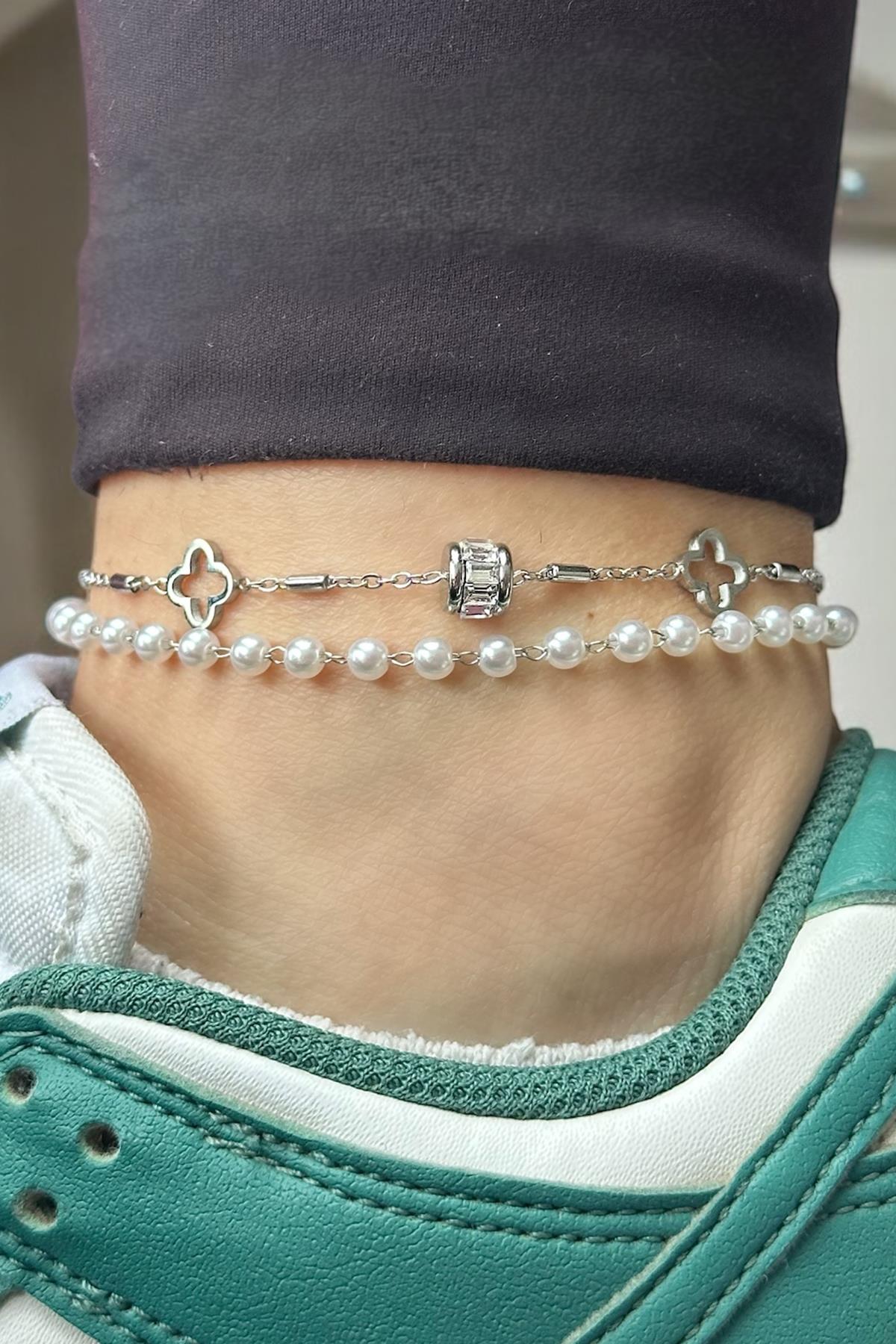 Gümüş Renk Yonca Figürlü İnci Detaylı Çelik Halhal