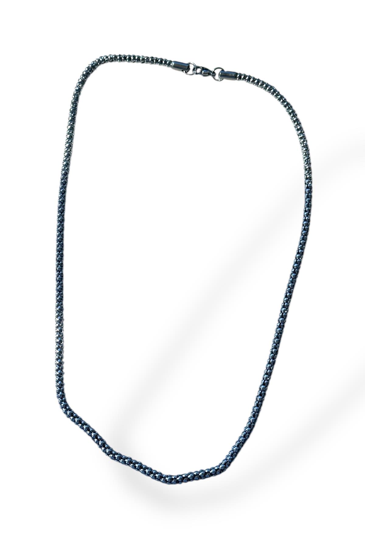 Gümüş Renk Zincir Detaylı Çelik Kolye (55cm)
