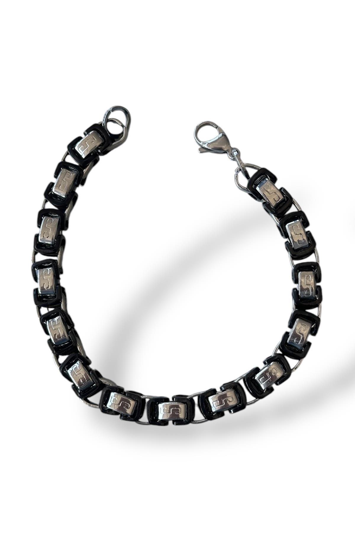 Gümüş Ve Siyah Renk Zincir Detaylı Çelik Erkek Bileklik