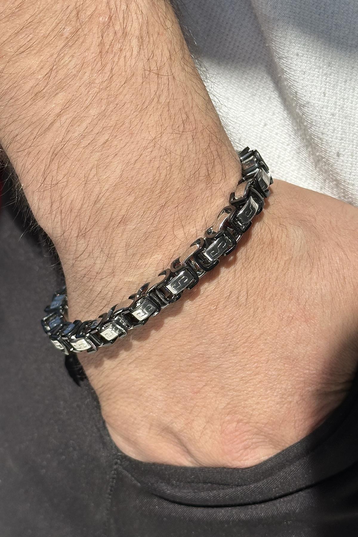 Gümüş Ve Siyah Renk Zincir Detaylı Çelik Erkek Bileklik