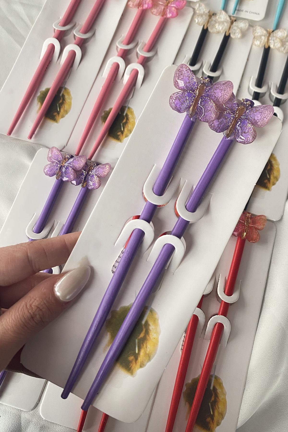 Karışık Renk 12li Kelebek Figürlü Topuz Kalemi