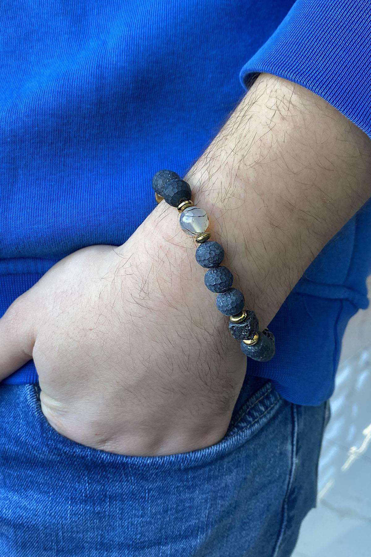 Siyah Renk Boncuk Detaylı Erkek Bileklik