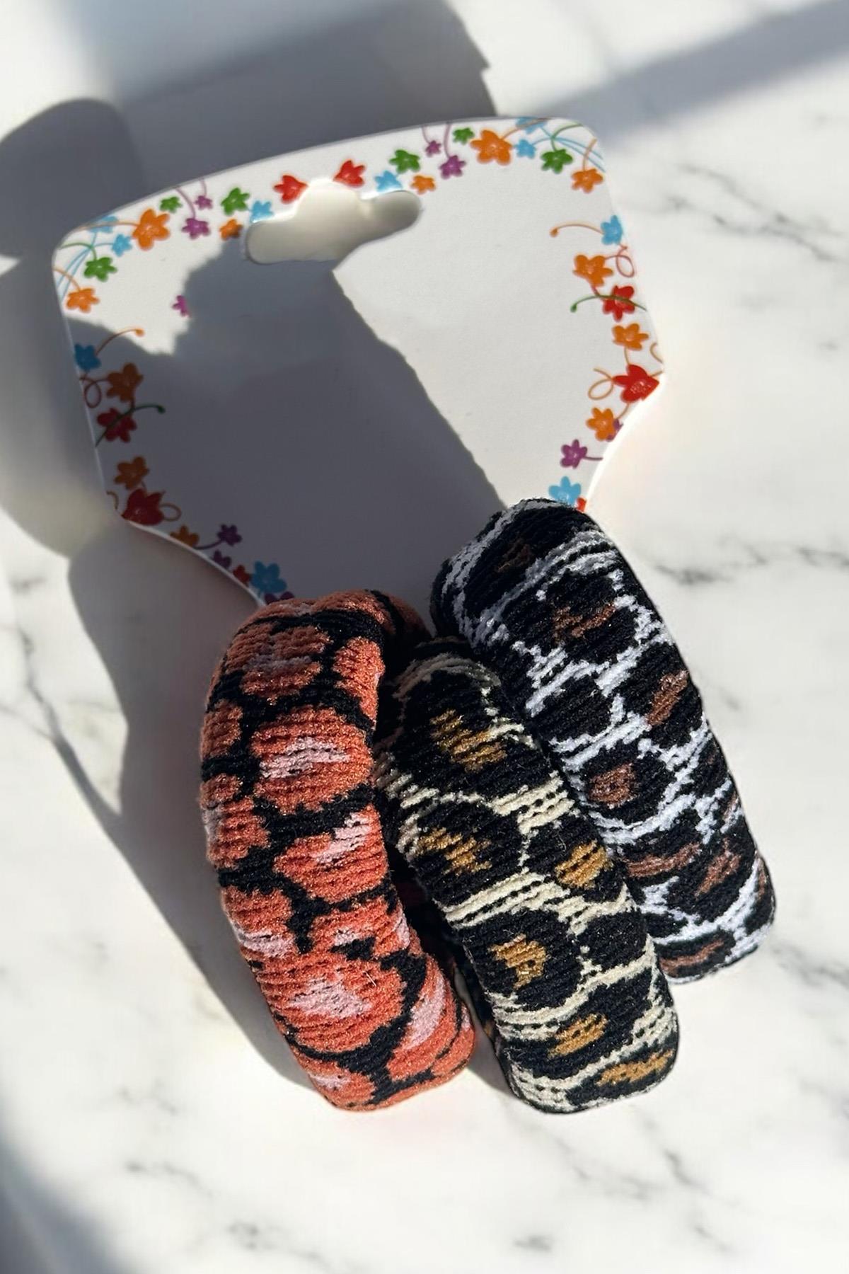 Karışık Renk Leopar Desenli 3lü Havlu Toka