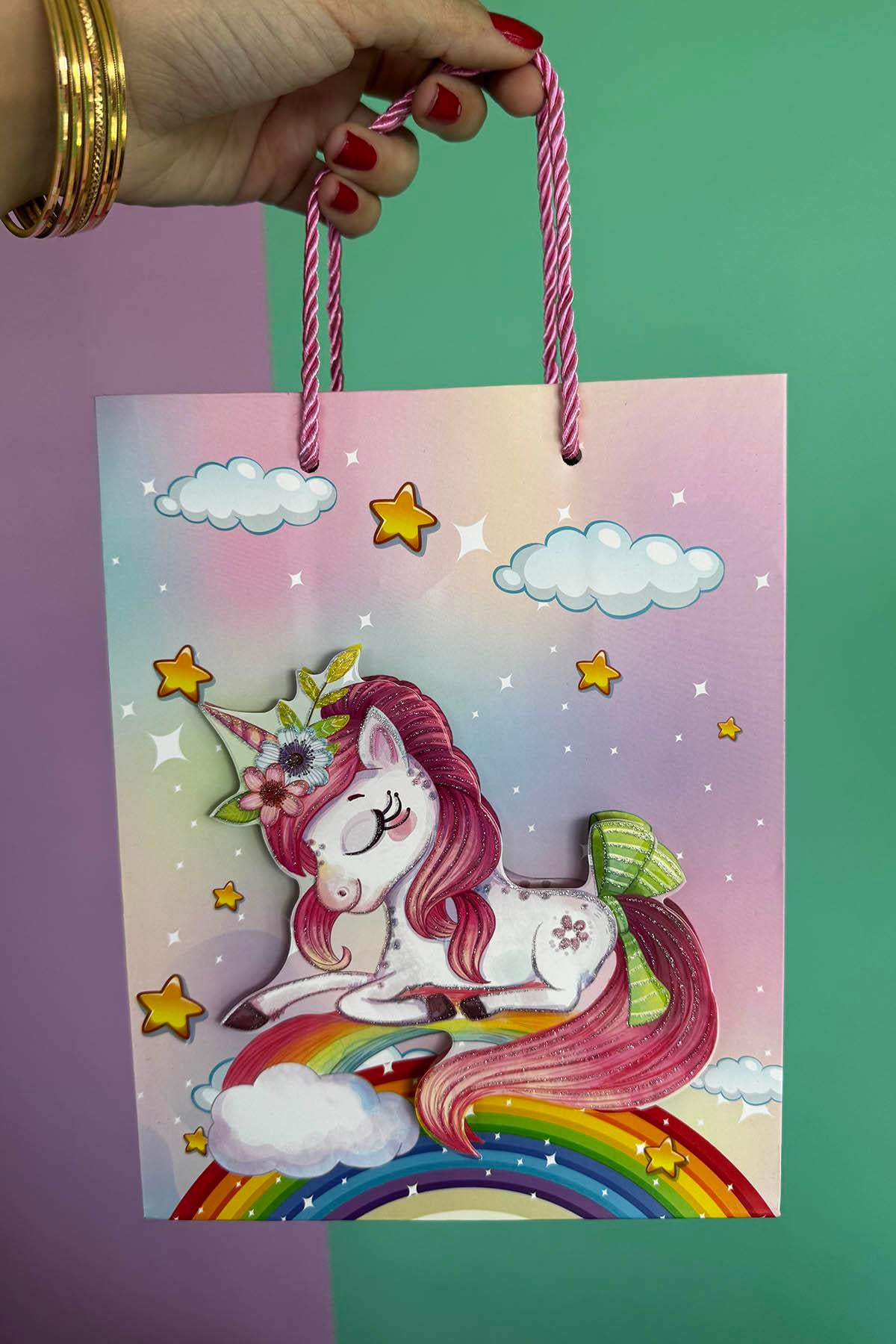 Karışık Renk Unicorn Figürlü 3D Görünümlü Karton Çanta