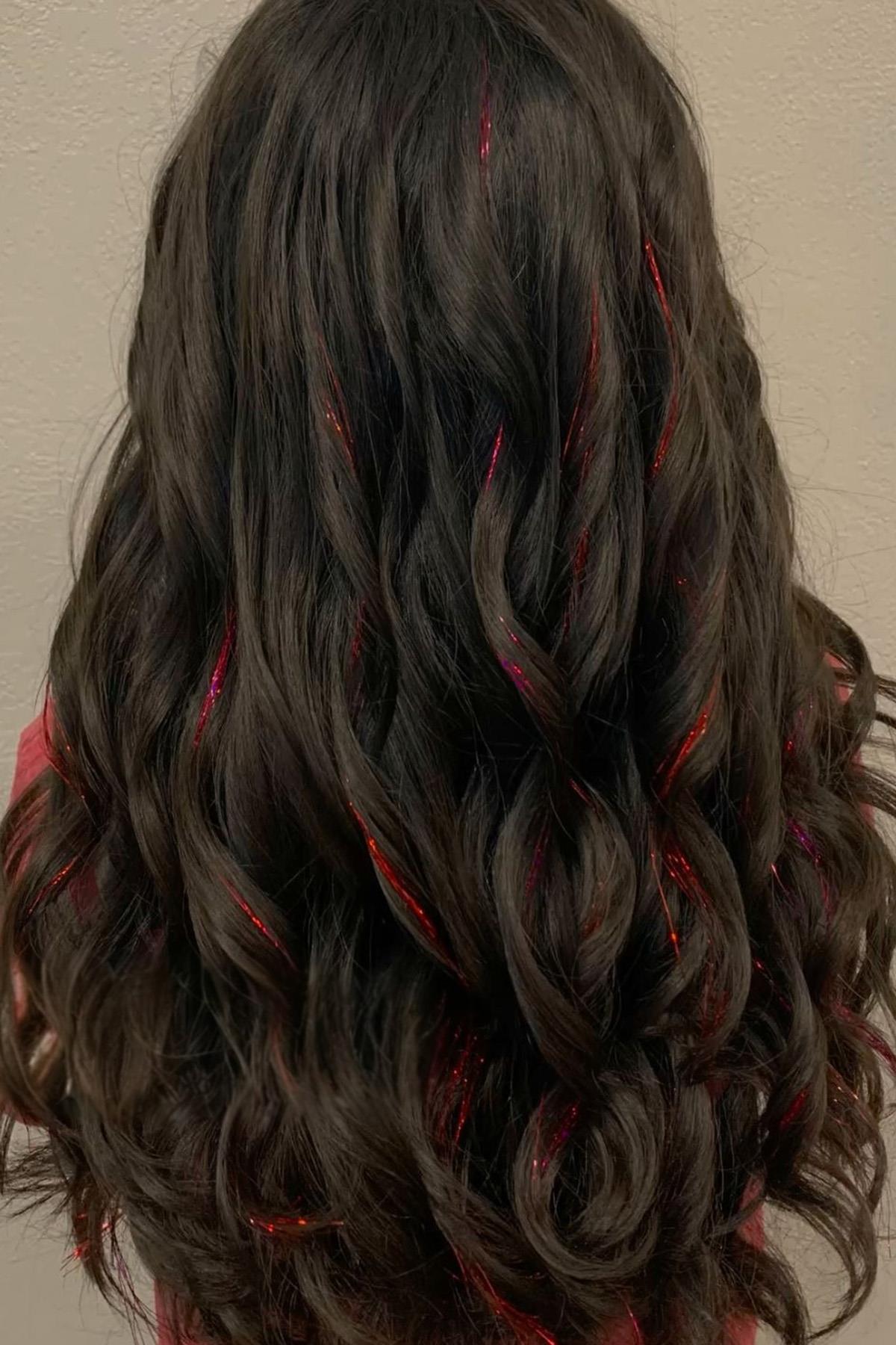 Kırmızı Renk Simli Yan Postiş Hair Tinsel Shiny Hair (50 Cm)