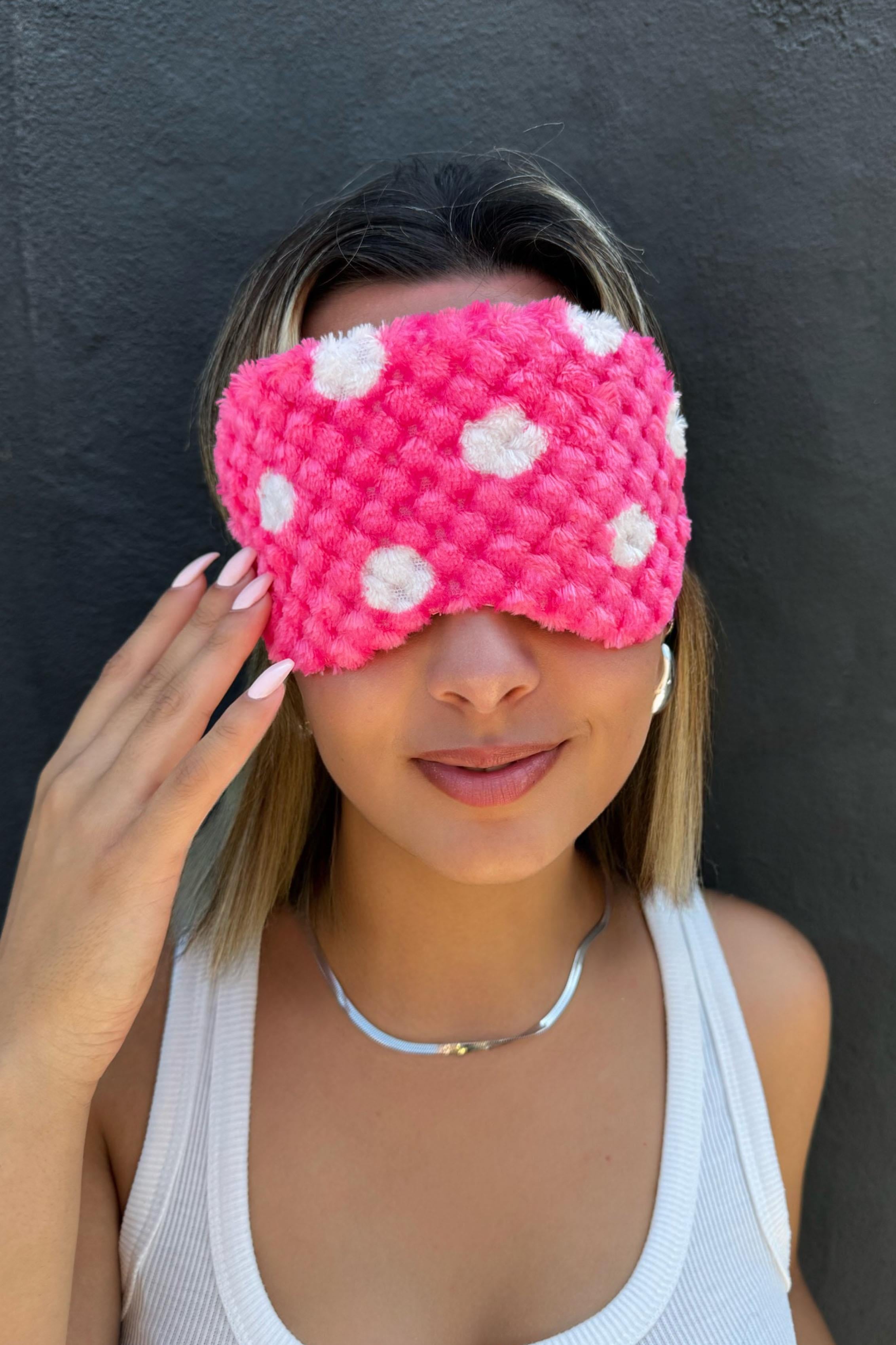Koyu Pembe Renk Benekli Peluş Uyku Bandı
