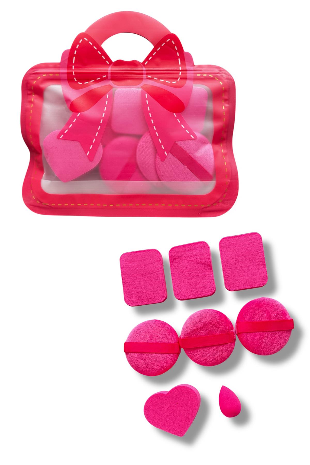 Koyu Pembe Renk Çanta Detaylı Makyaj Süngeri Set