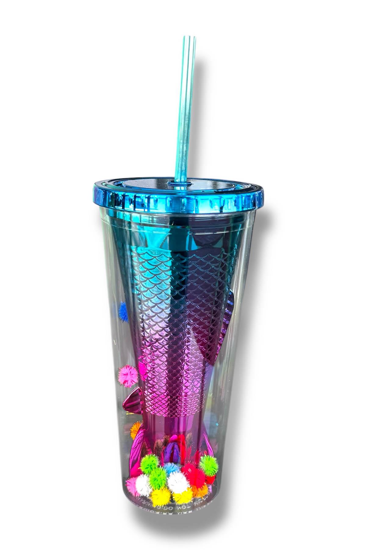 Mavi Renk Kuyruk Figürlü Ponpon Detaylı Pipetli Suluk