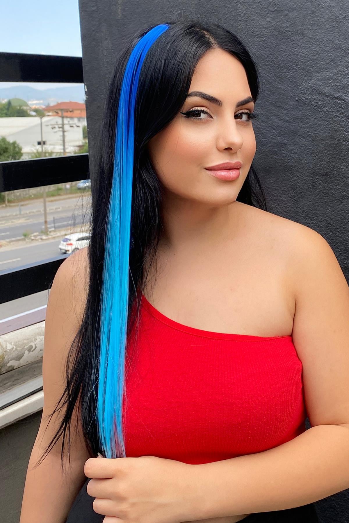 Mavi Renk Yan Çıt Çıt Postiş 50 Cm