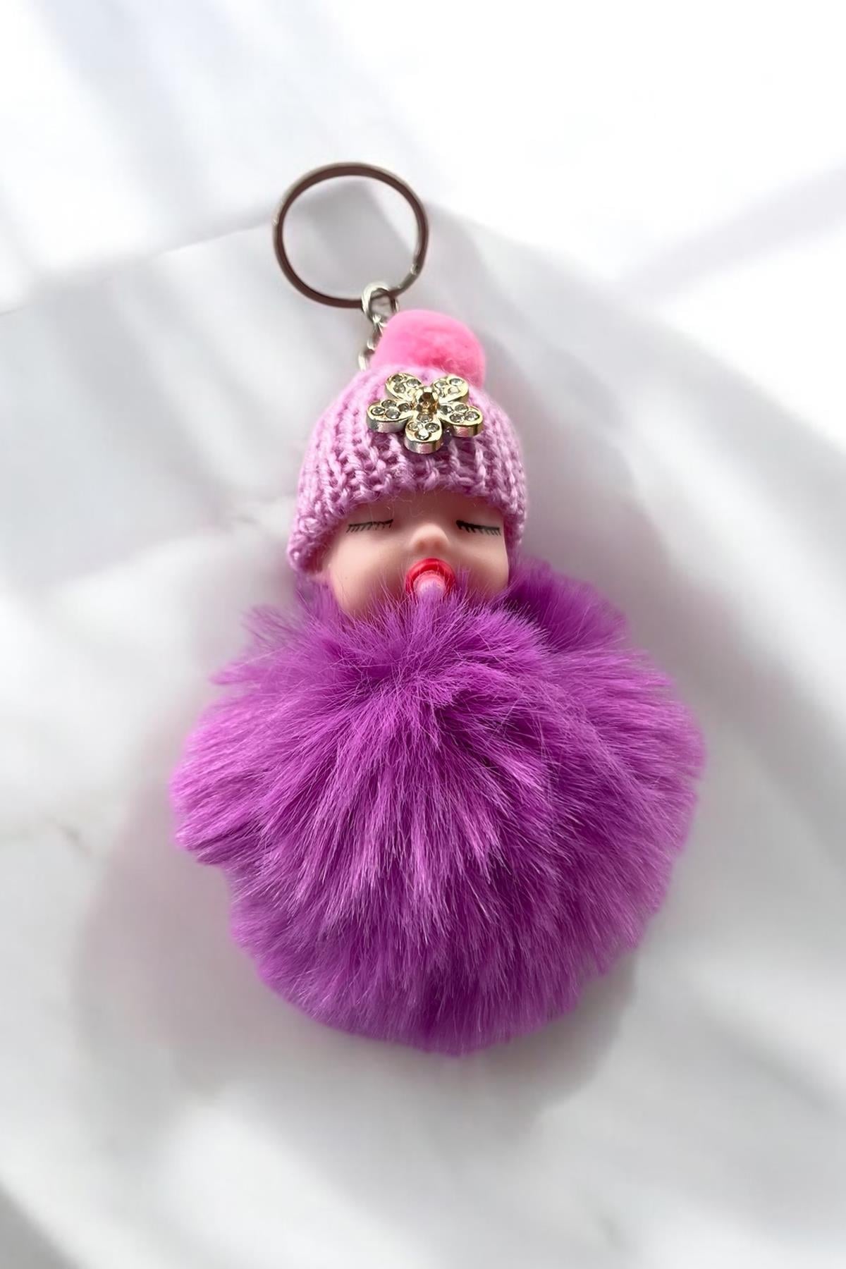 Mor Renk Bebek Figürlü Peluş Anahtarlık