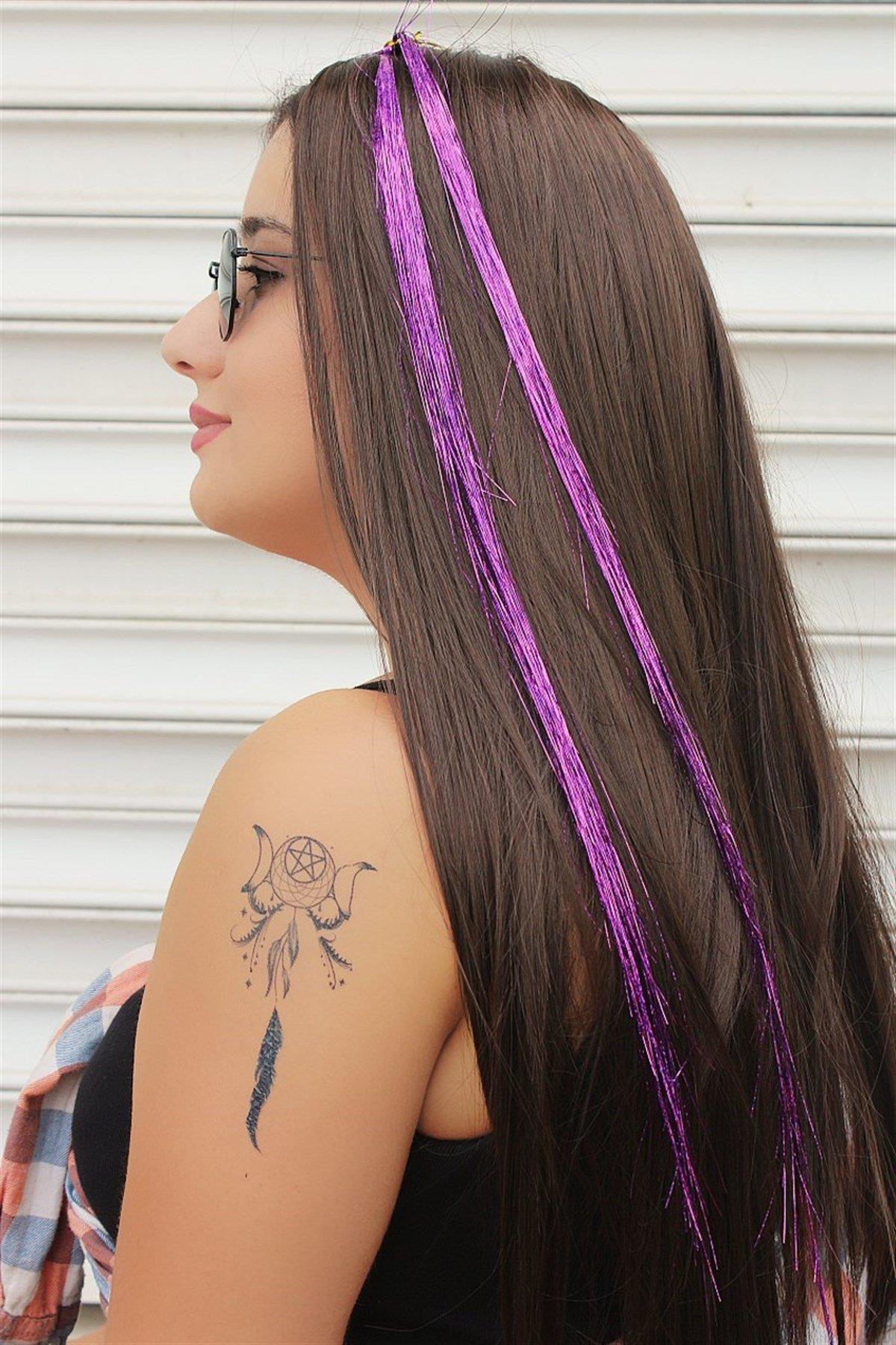 Mor Renk Simli Yan Postiş Hair Tinsel Shiny Hair (50 Cm)