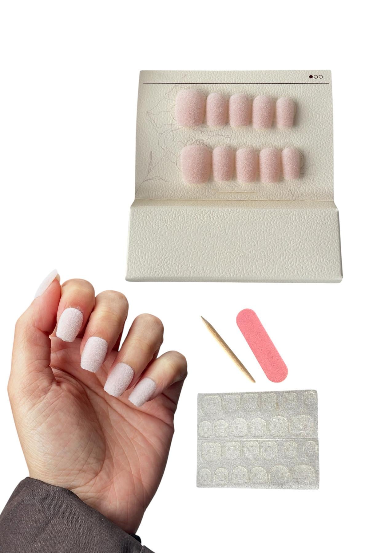 Pembe Renk 10'lu Kadife Takma Tırnak (Yapıştırıcılı)