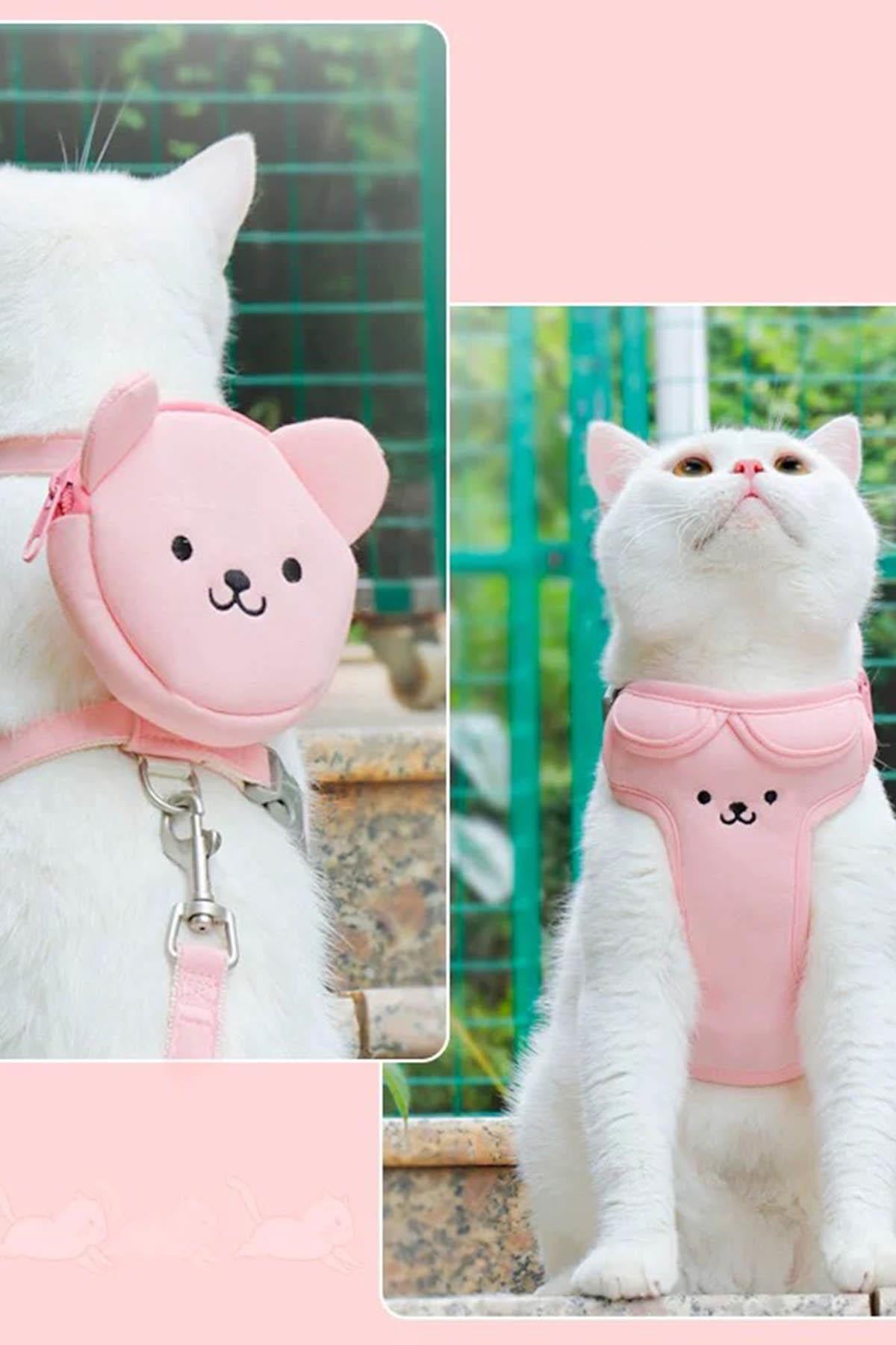 Pembe Renk Ayıcık Figürlü Çanta Detaylı Bel Göğüs Ayarlanabilir Kedi/Köpek Tasma