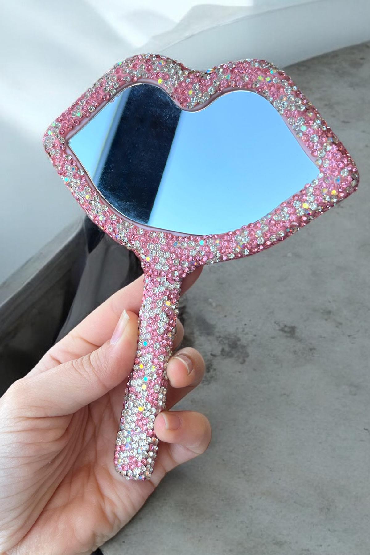 Pembe Renk Dudak Figürlü Taş Detaylı El Aynası