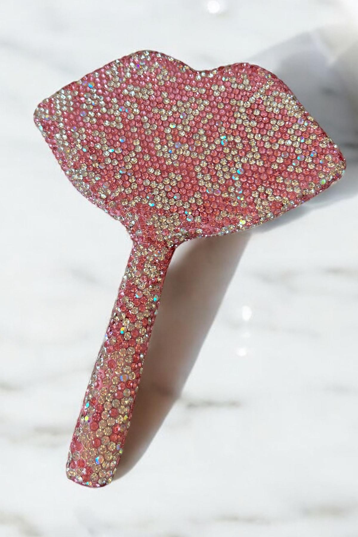 Pembe Renk Dudak Figürlü Taş Detaylı El Aynası